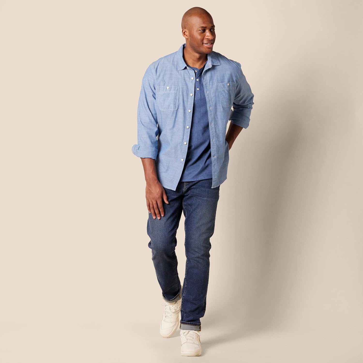 image:imageAmazon Essentials Mens Long Sleeve Henley Shirt for Men RegularFit Cotton Available in Big amp TallBlue Heather