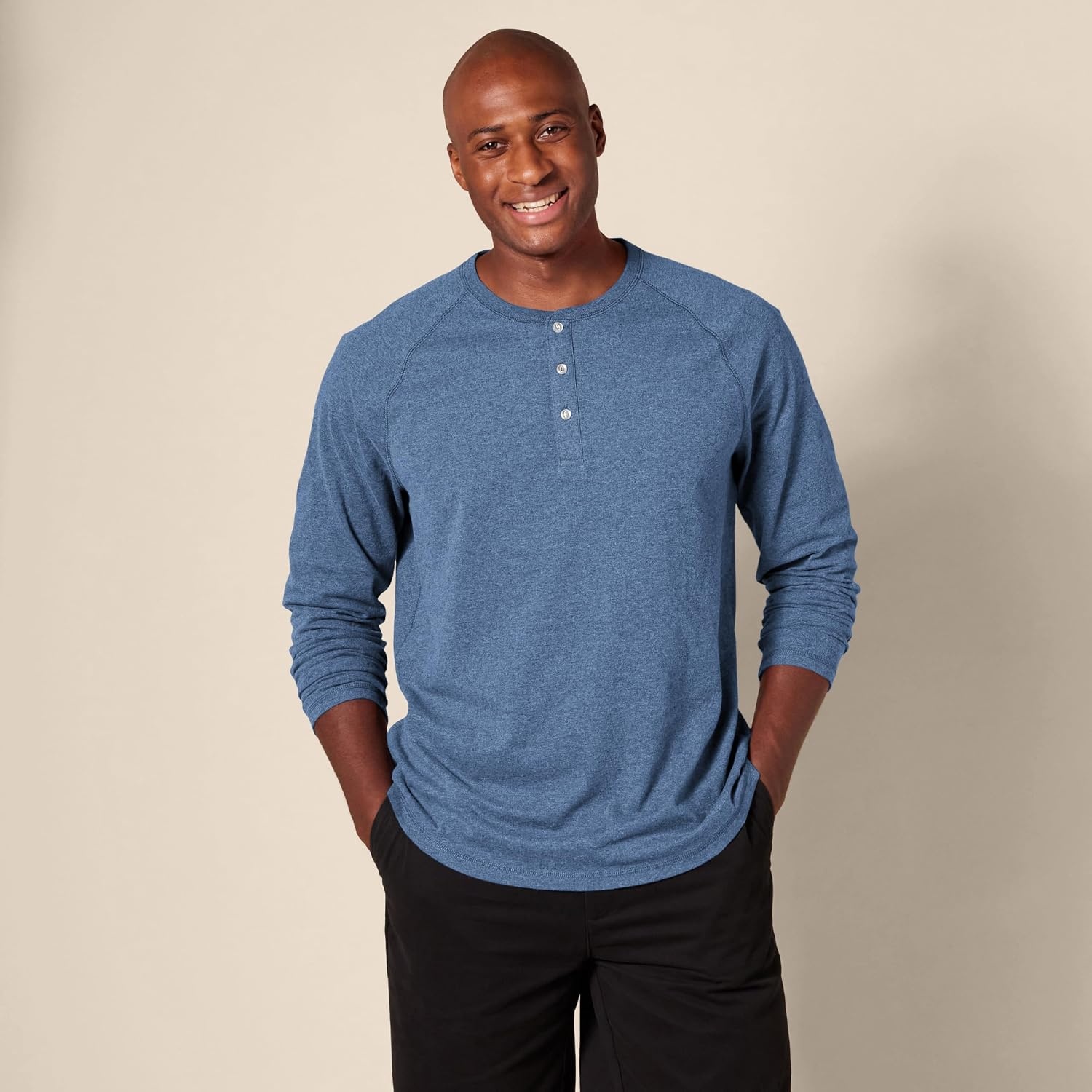 image:imageAmazon Essentials Mens Long Sleeve Henley Shirt for Men RegularFit Cotton Available in Big amp TallBlue Heather