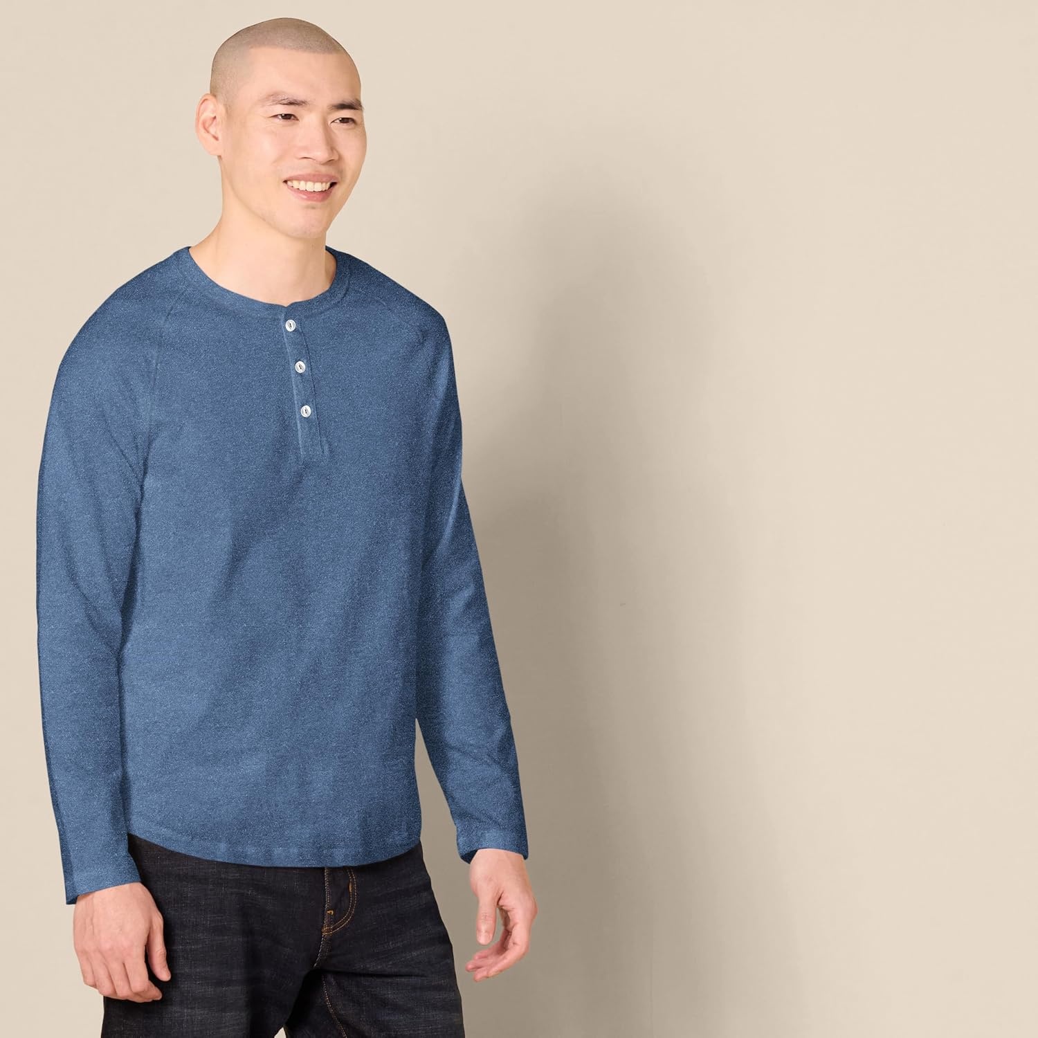image:imageAmazon Essentials Mens Long Sleeve Henley Shirt for Men RegularFit Cotton Available in Big amp TallBlue Heather