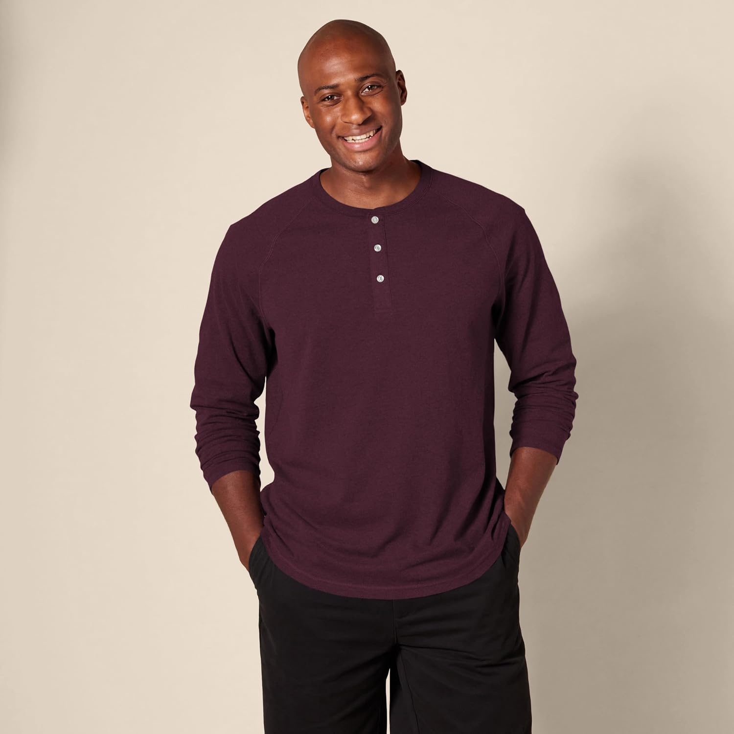 image:imageAmazon Essentials Mens Long Sleeve Henley Shirt for Men RegularFit Cotton Available in Big amp TallBurgundy