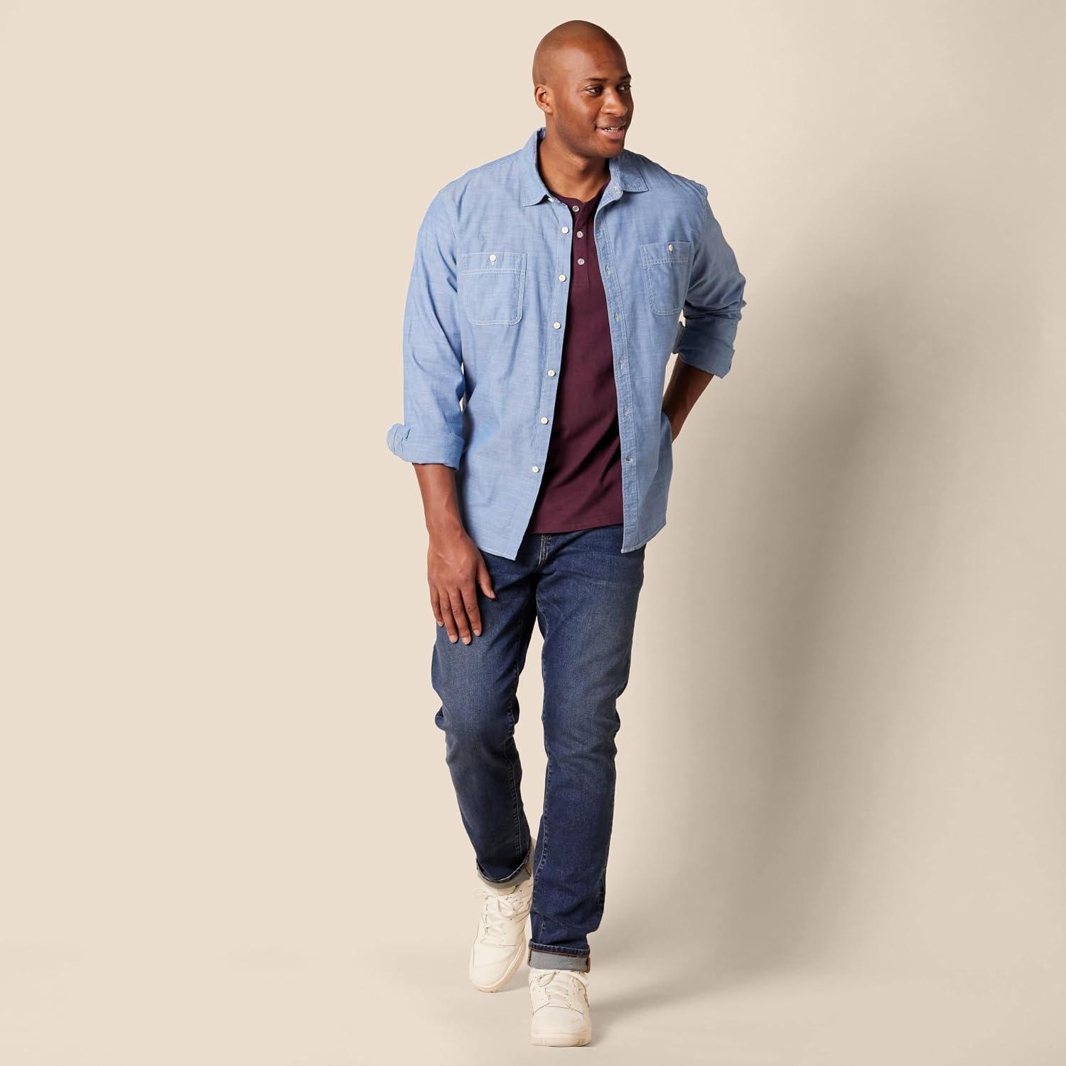image:imageAmazon Essentials Mens Long Sleeve Henley Shirt for Men RegularFit Cotton Available in Big amp TallBurgundy