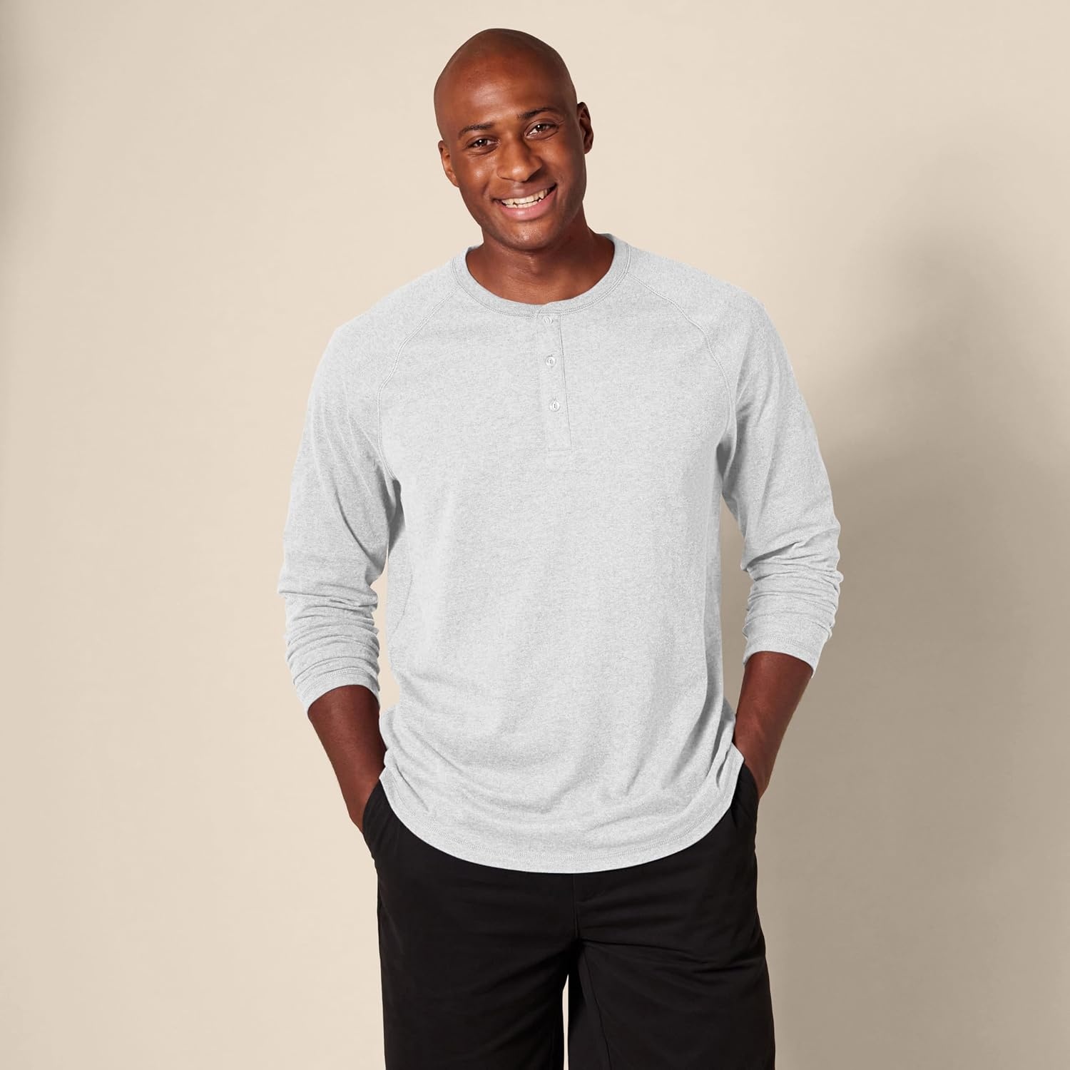 image:imageAmazon Essentials Mens Long Sleeve Henley Shirt for Men RegularFit Cotton Available in Big amp TallLight Grey Heather