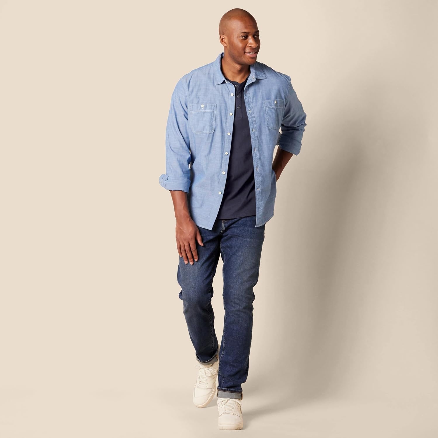 image:imageAmazon Essentials Mens Long Sleeve Henley Shirt for Men RegularFit Cotton Available in Big amp TallNavy