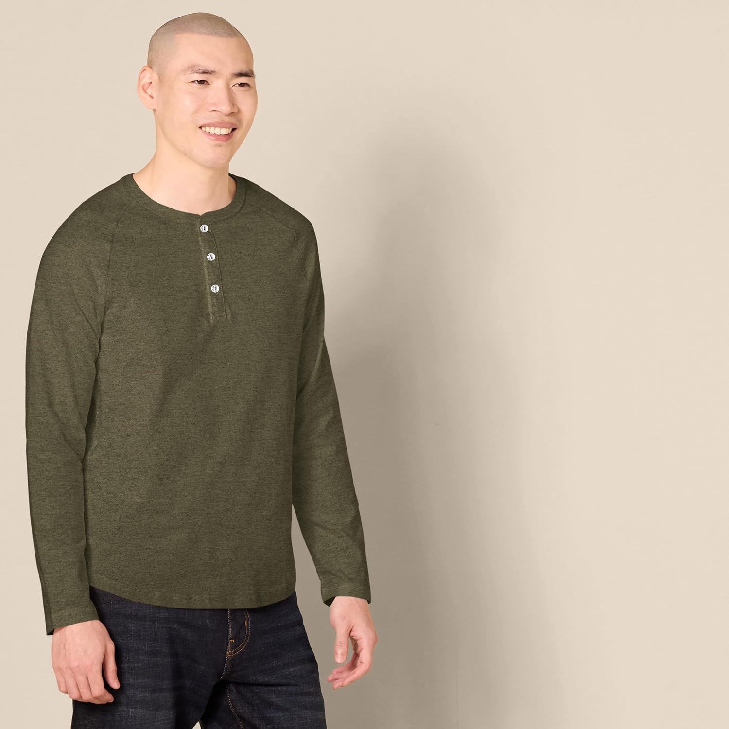 image:imageAmazon Essentials Mens Long Sleeve Henley Shirt for Men RegularFit Cotton Available in Big amp TallOlive Heather