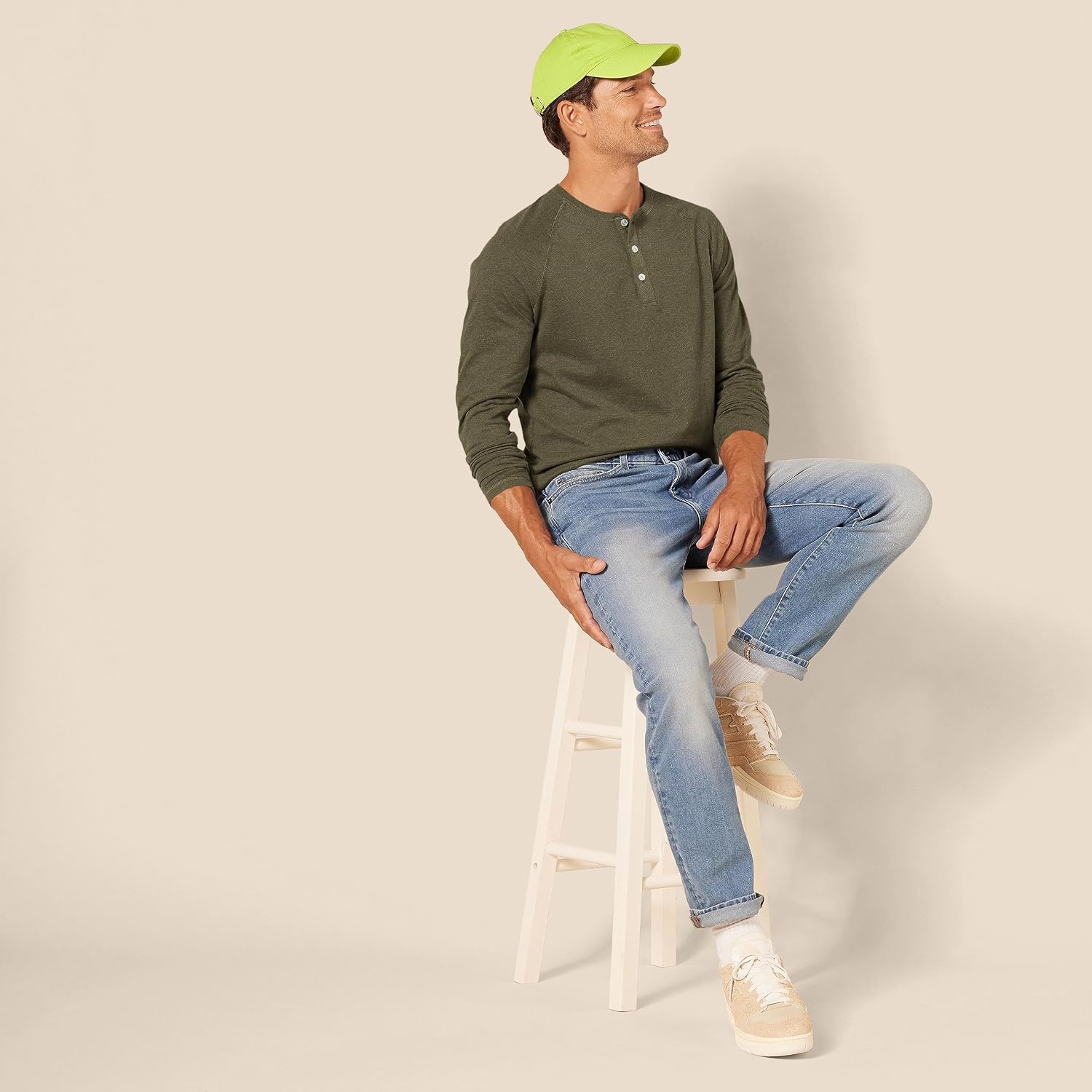 image:imageAmazon Essentials Mens Long Sleeve Henley Shirt for Men RegularFit Cotton Available in Big amp TallOlive Heather