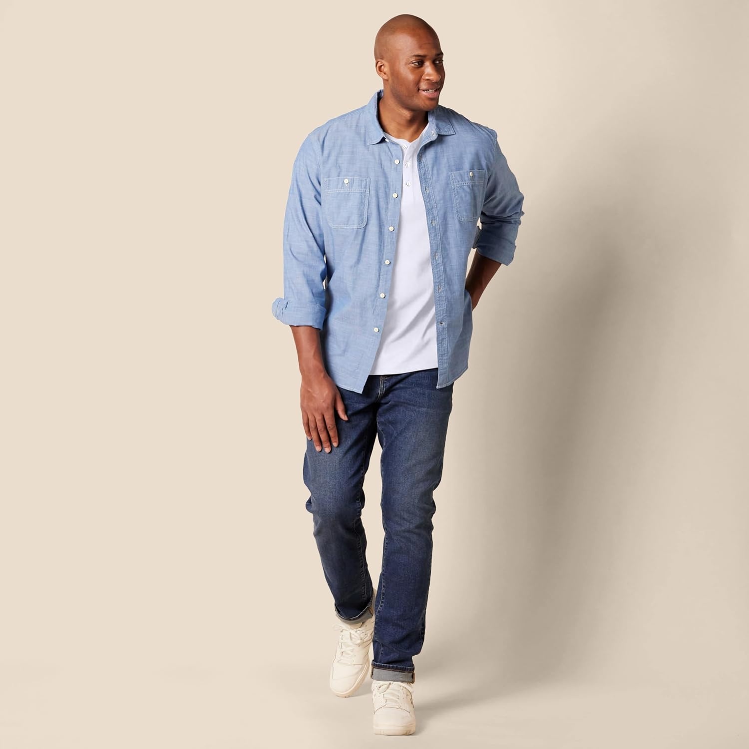 image:imageAmazon Essentials Mens Long Sleeve Henley Shirt for Men RegularFit Cotton Available in Big amp TallWhite