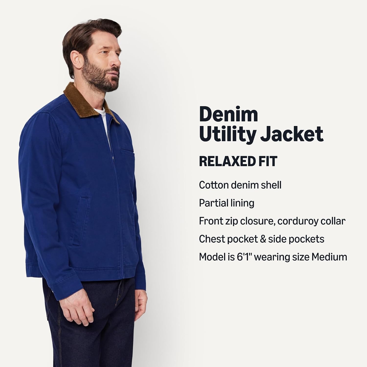 image:imageAmazon Essentials Mens RelaxedFit Rigid Denim Zip Up JacketDark Navy