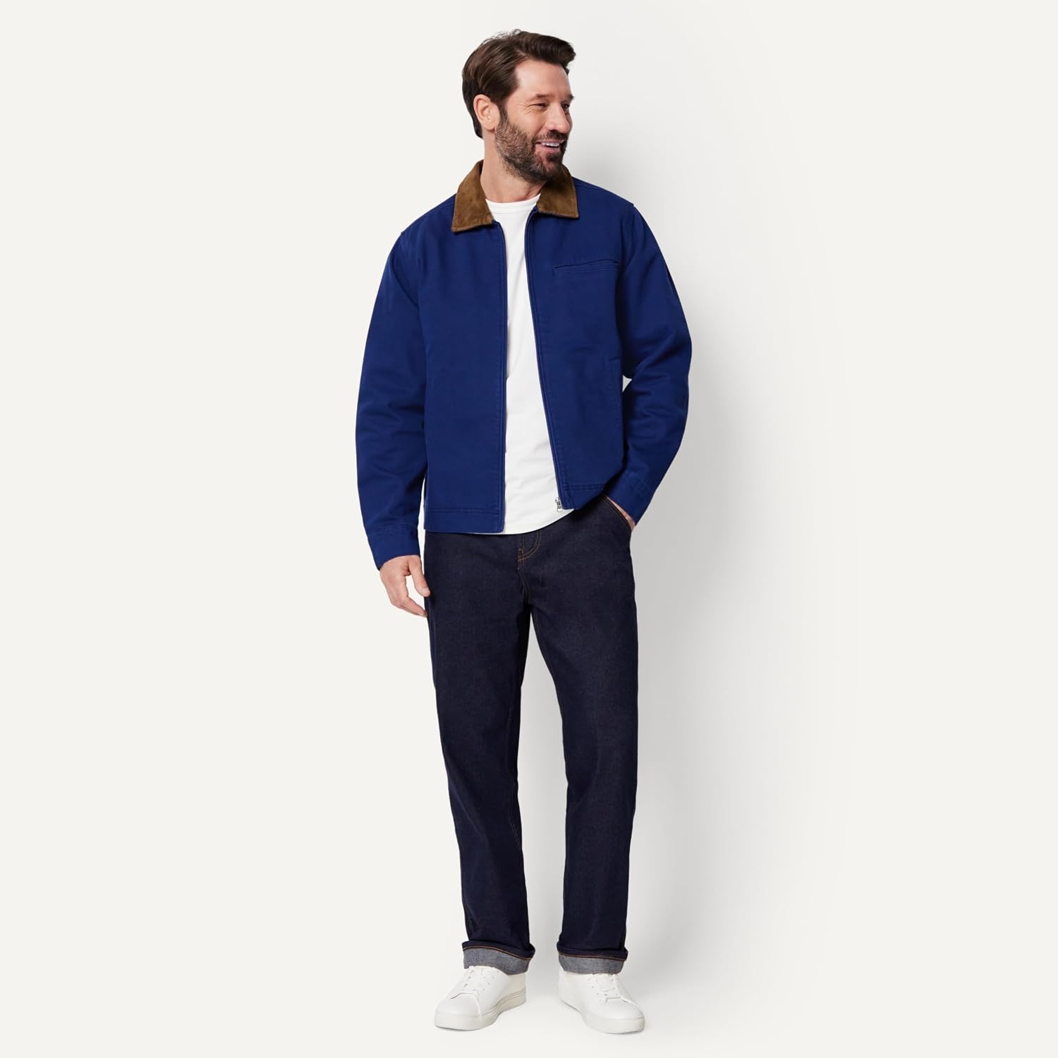 image:imageAmazon Essentials Mens RelaxedFit Rigid Denim Zip Up JacketDark Navy