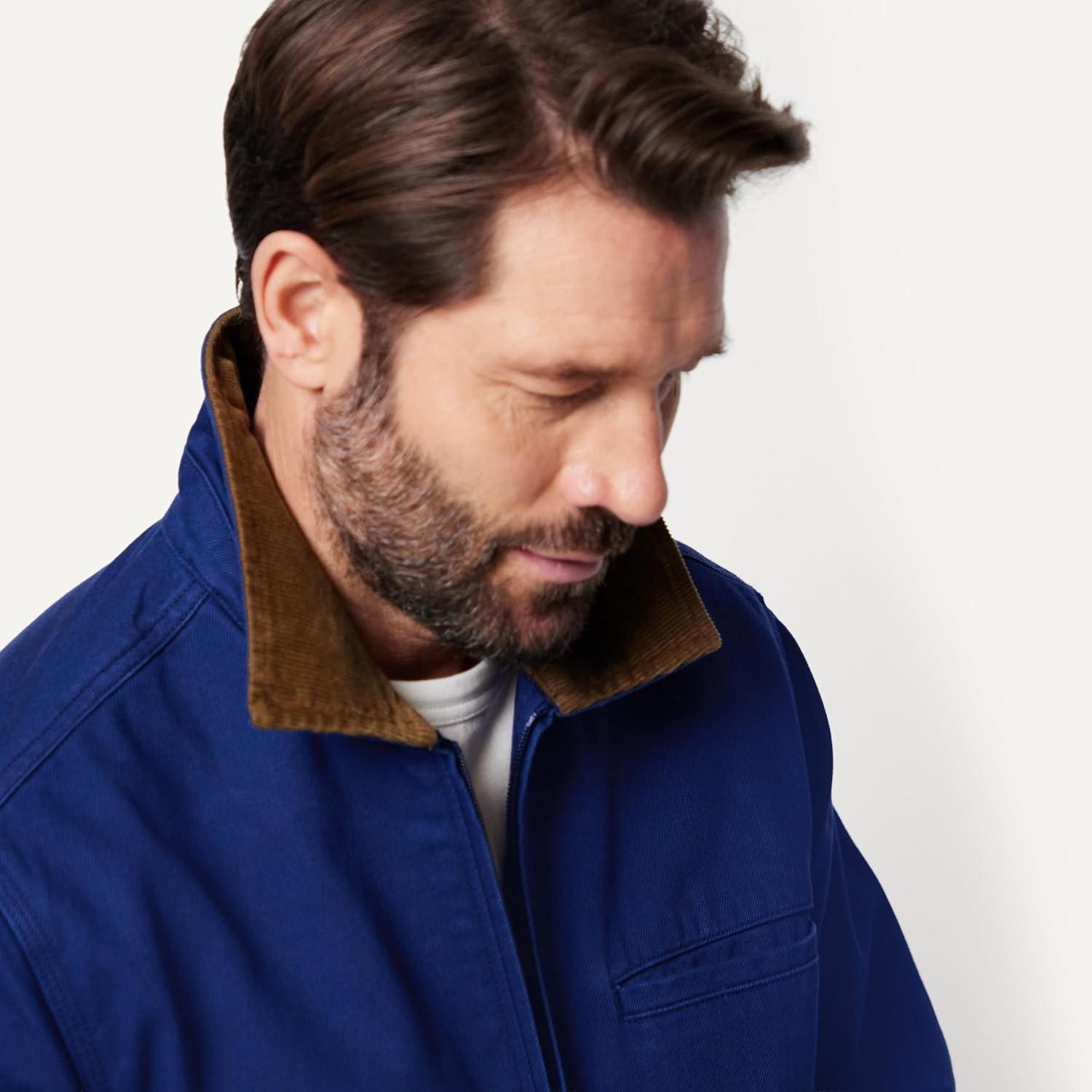 image:imageAmazon Essentials Mens RelaxedFit Rigid Denim Zip Up JacketDark Navy