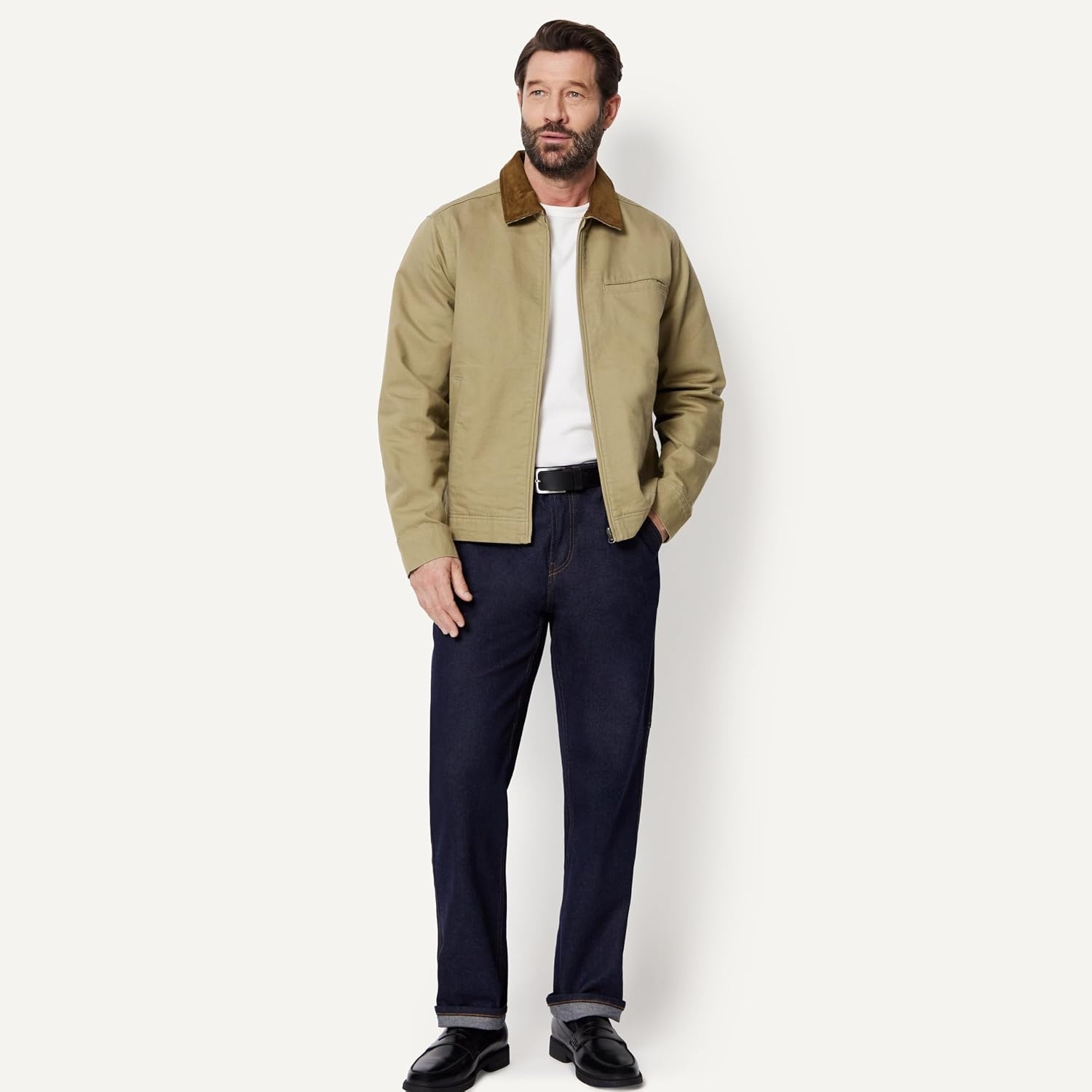 image:imageAmazon Essentials Mens RelaxedFit Rigid Denim Zip Up JacketMushroom Brown
