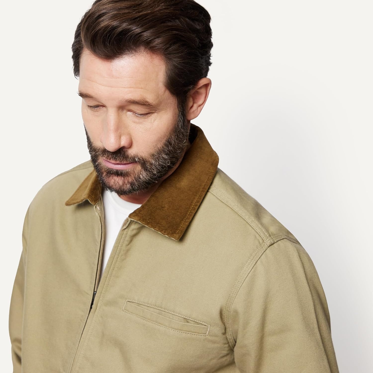 image:imageAmazon Essentials Mens RelaxedFit Rigid Denim Zip Up JacketMushroom Brown