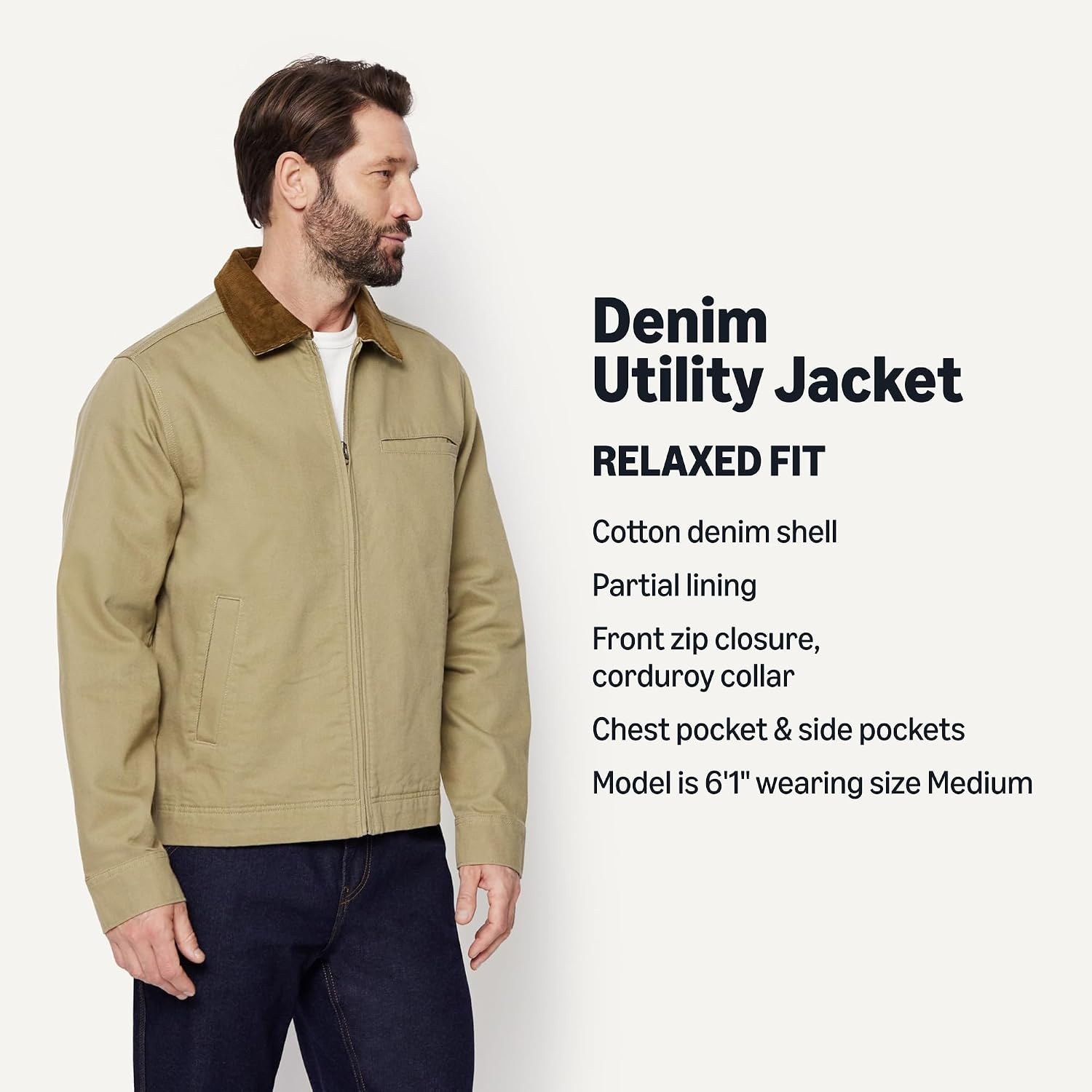 image:imageAmazon Essentials Mens RelaxedFit Rigid Denim Zip Up JacketMushroom Brown