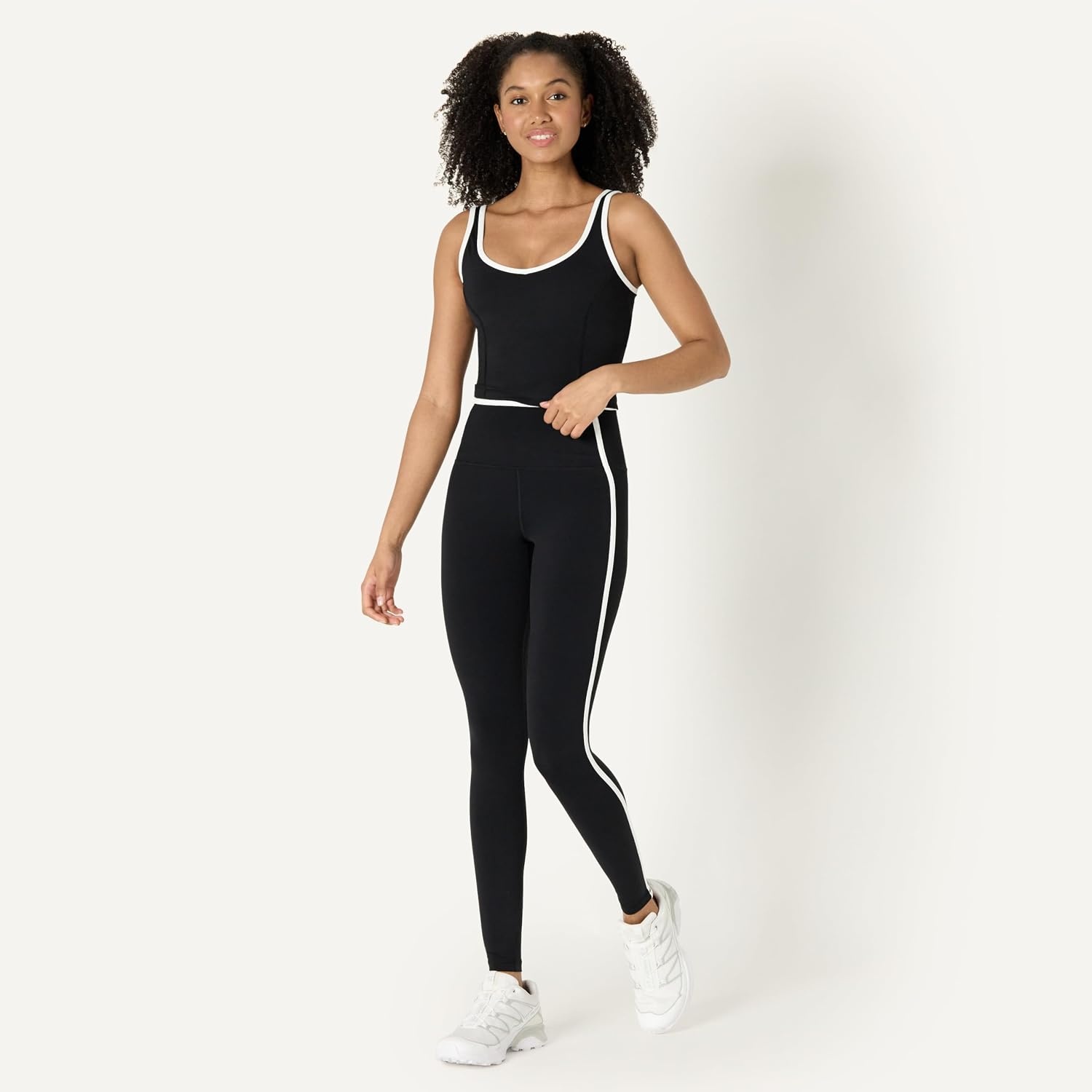 image:imageAmazon Essentials Womens Active FormFlex Buttery Soft Light Support Crop Tank with Bra Removable CupsBlackWhite