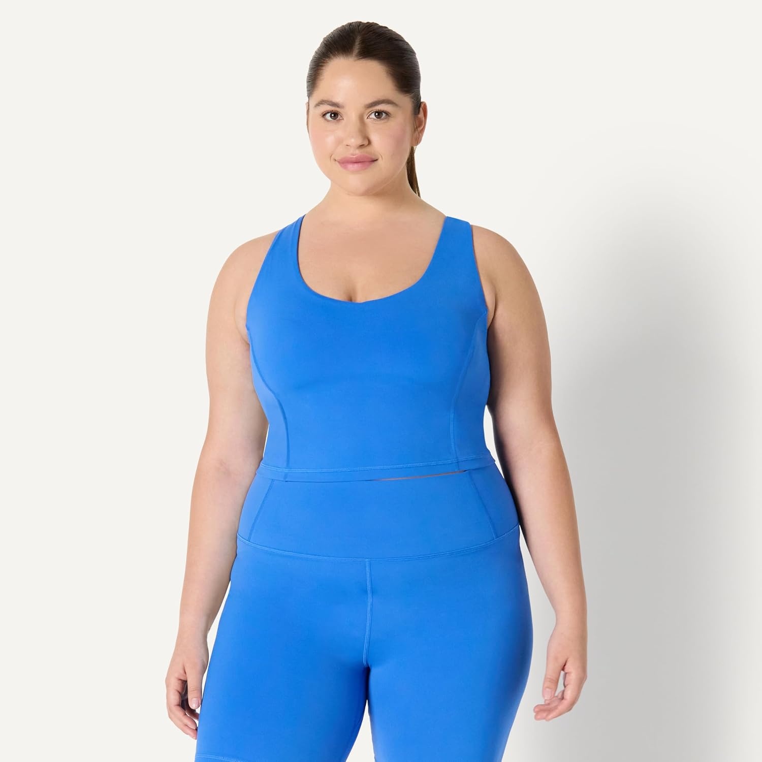 image:imageAmazon Essentials Womens Active FormFlex Buttery Soft Light Support Crop Tank with Bra Removable CupsBlue