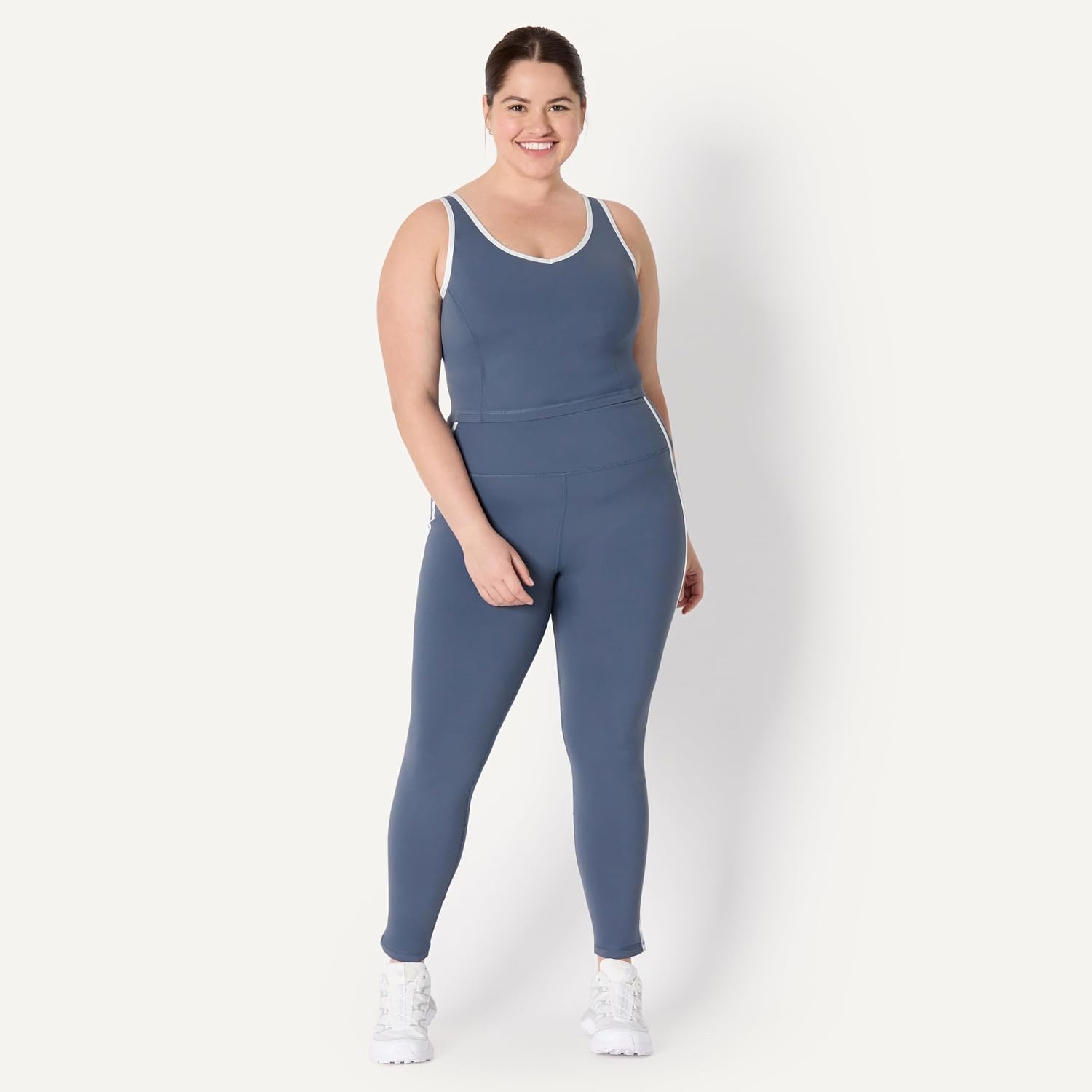 image:imageAmazon Essentials Womens Active FormFlex Buttery Soft Light Support Crop Tank with Bra Removable CupsGrisailleWhite