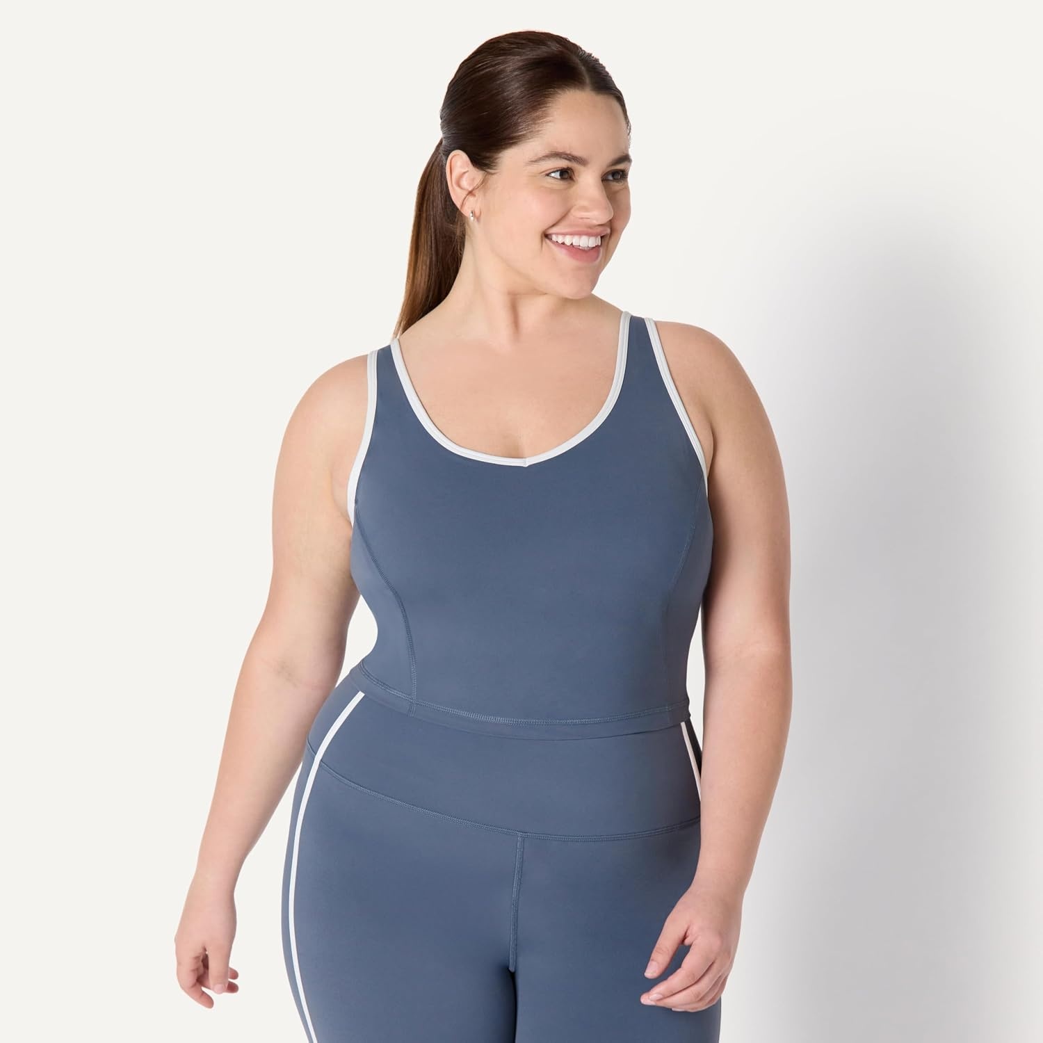 image:imageAmazon Essentials Womens Active FormFlex Buttery Soft Light Support Crop Tank with Bra Removable CupsGrisailleWhite