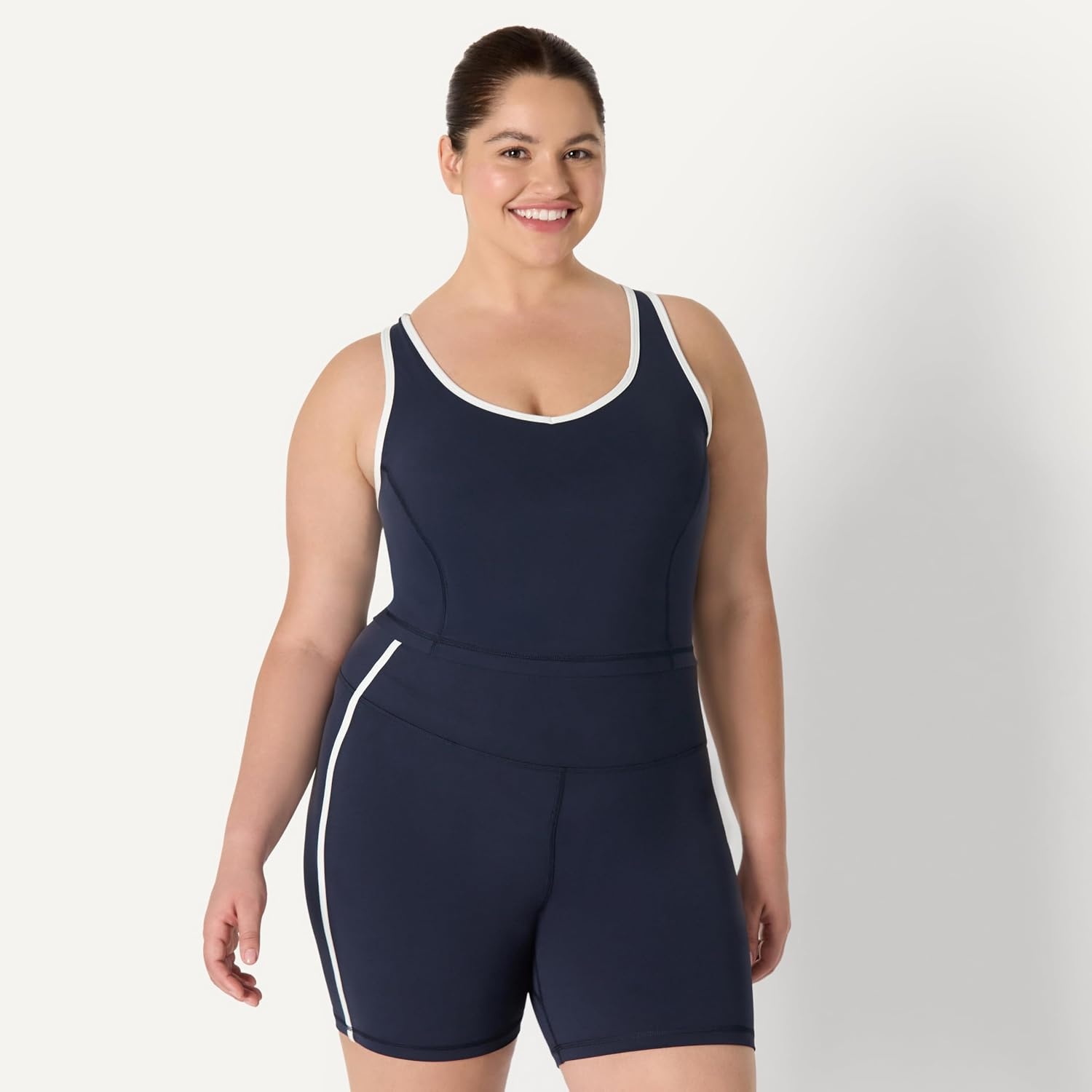 image:imageAmazon Essentials Womens Active FormFlex Buttery Soft Light Support Crop Tank with Bra Removable CupsNavyWhite