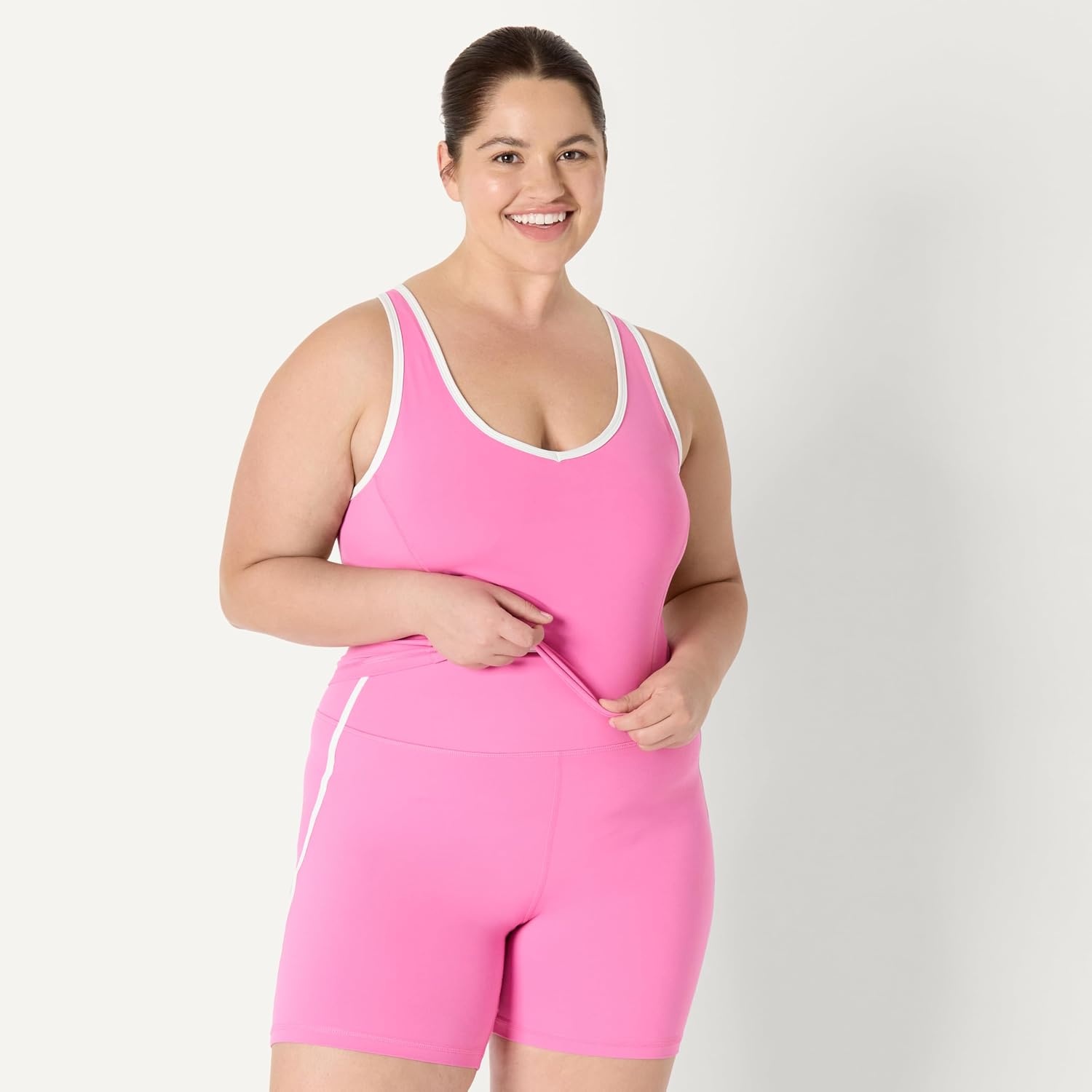 image:imageAmazon Essentials Womens Active FormFlex Buttery Soft Light Support Crop Tank with Bra Removable CupsPinkWhite