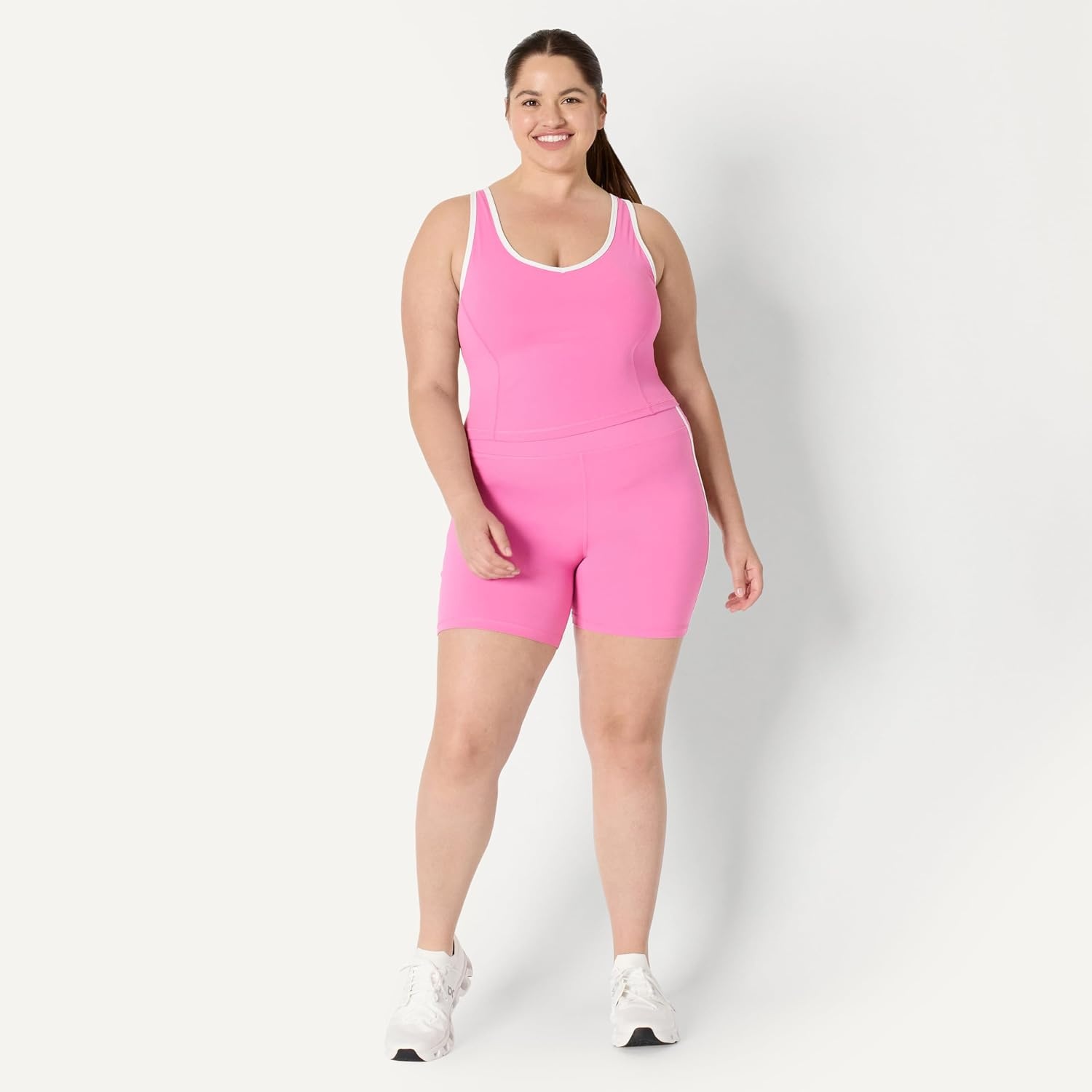 image:imageAmazon Essentials Womens Active FormFlex Buttery Soft Light Support Crop Tank with Bra Removable CupsPinkWhite