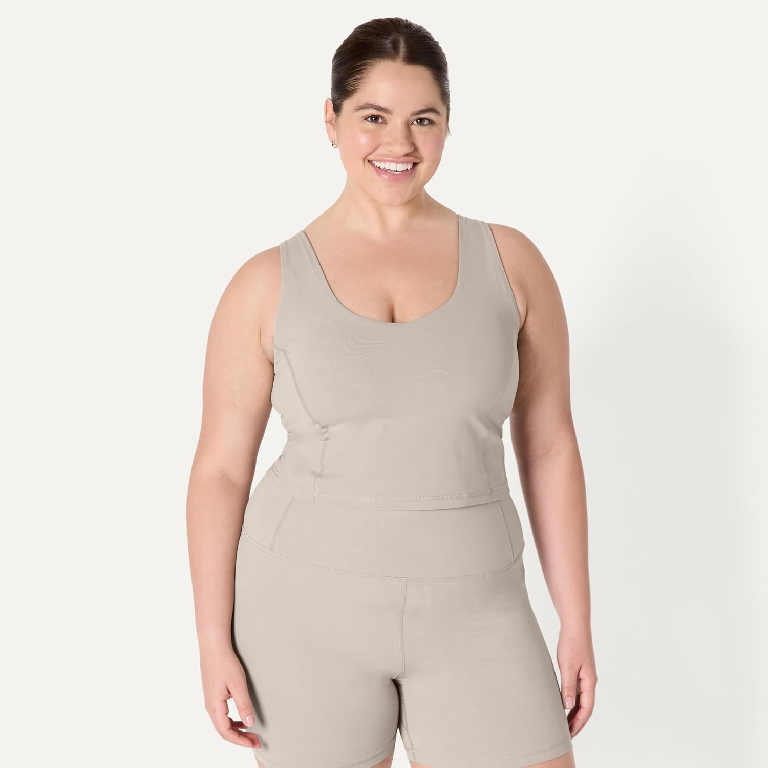 image:imageAmazon Essentials Womens Active FormFlex Buttery Soft Light Support Crop Tank with Bra Removable CupsTaupe