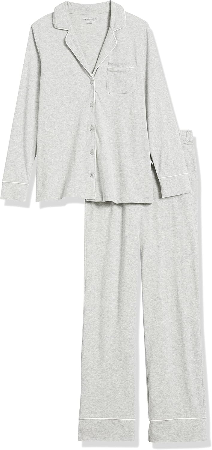 image:imageAmazon Essentials Womens Cotton Modal LongSleeve Notch Collar Shirt and FullLength Elastic Waist Pajama Pant SetHeather Grey