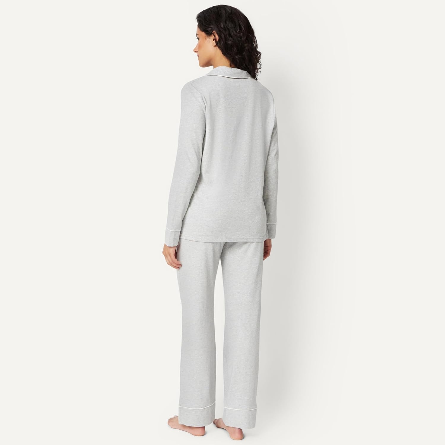 image:imageAmazon Essentials Womens Cotton Modal LongSleeve Notch Collar Shirt and FullLength Elastic Waist Pajama Pant SetHeather Grey
