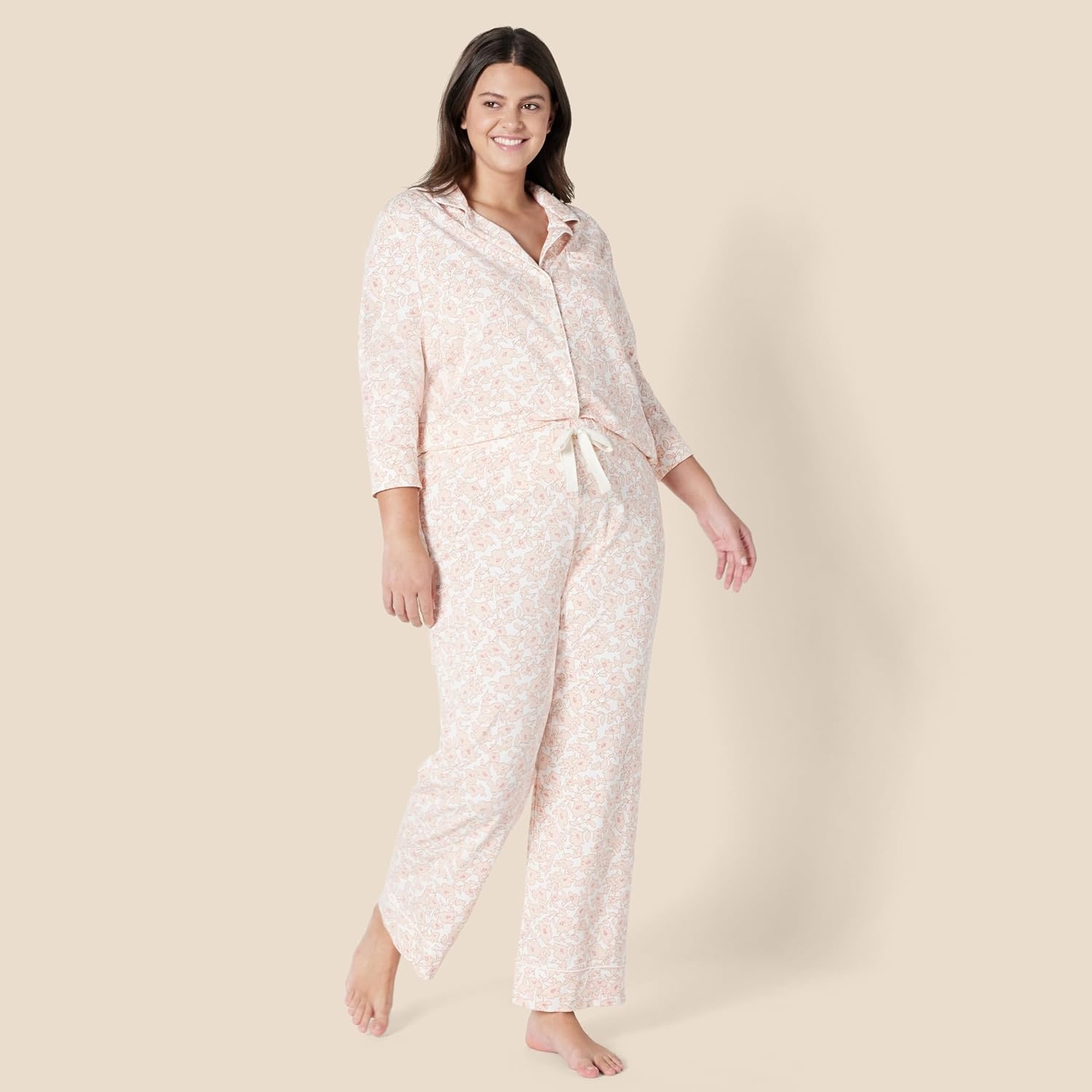image:imageAmazon Essentials Womens Cotton Modal LongSleeve Notch Collar Shirt and FullLength Elastic Waist Pajama Pant SetSilhouette Floral Outline
