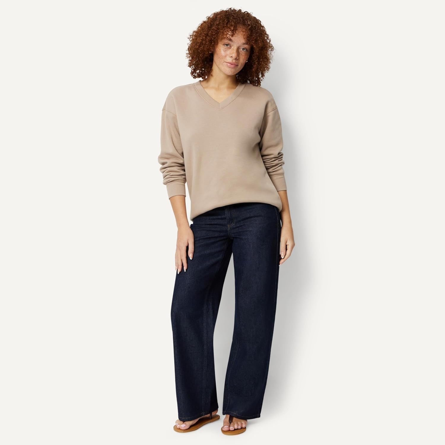 image:imageAmazon Essentials Womens Oversized VNeck Fleece Pullover SweatshirtTaupe