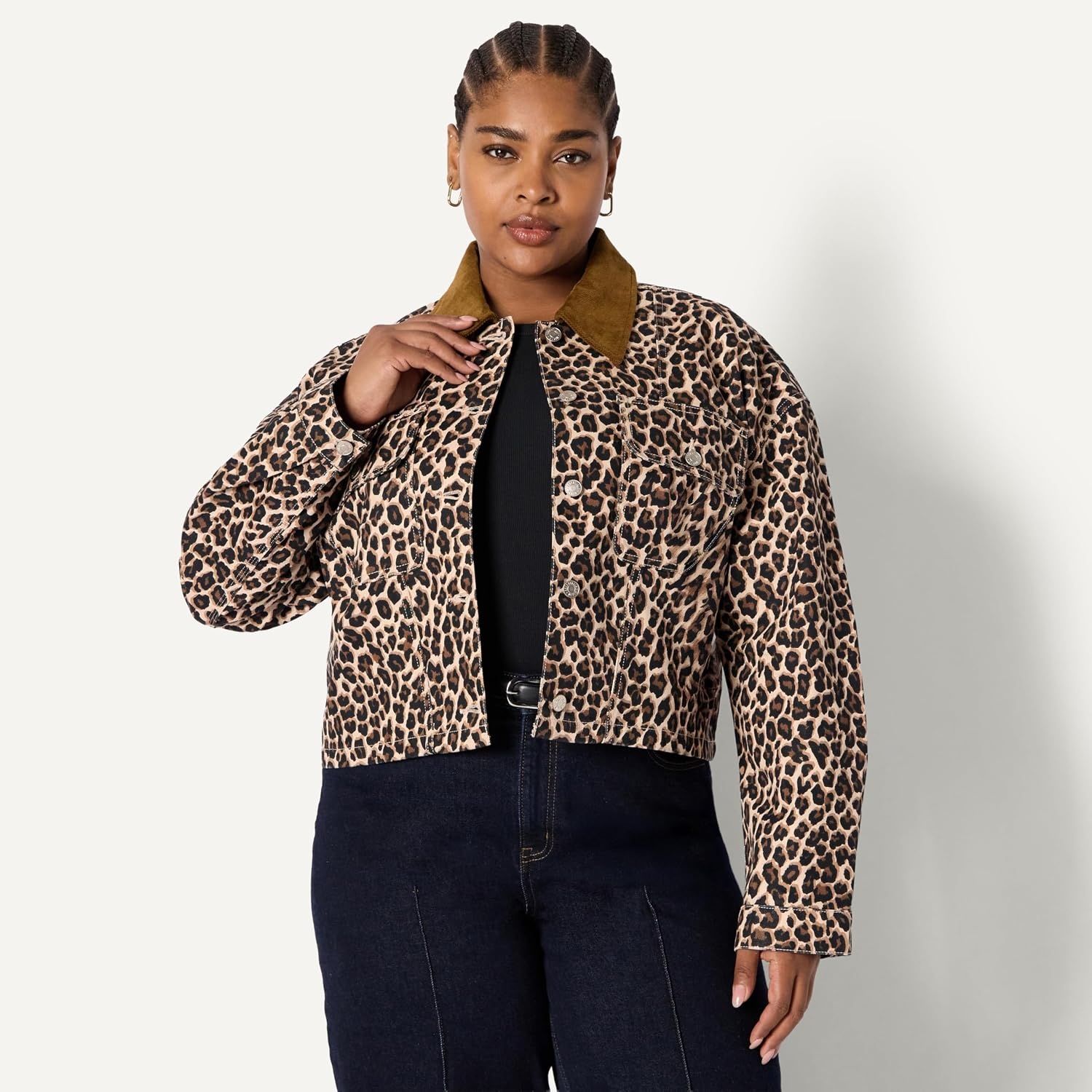 image:imageAmazon Essentials Womens OversizedFit Cropped Heavyweight Denim Jacket with Contrast Corduroy CollarBlack Brown Animal Print