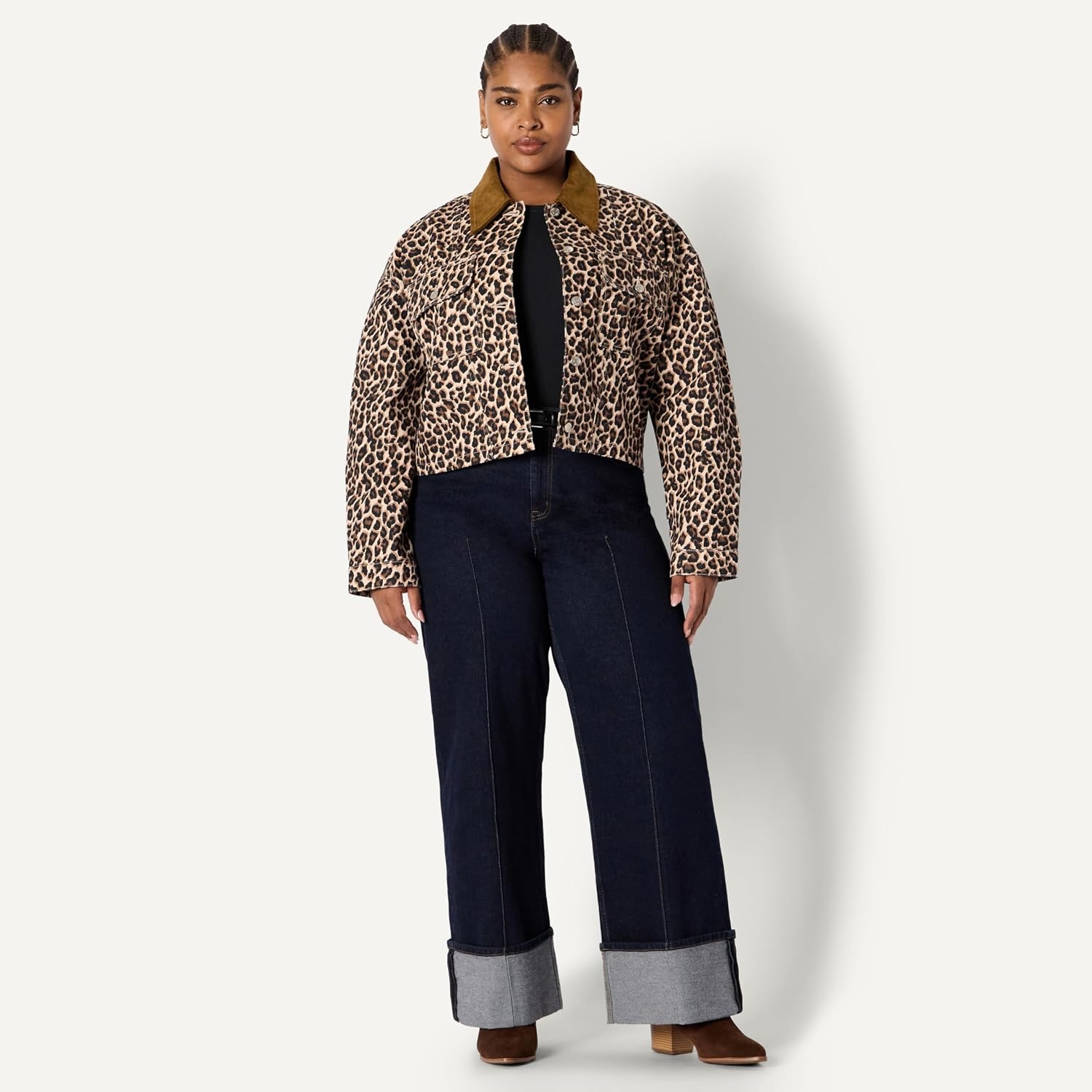 image:imageAmazon Essentials Womens OversizedFit Cropped Heavyweight Denim Jacket with Contrast Corduroy CollarBlack Brown Animal Print