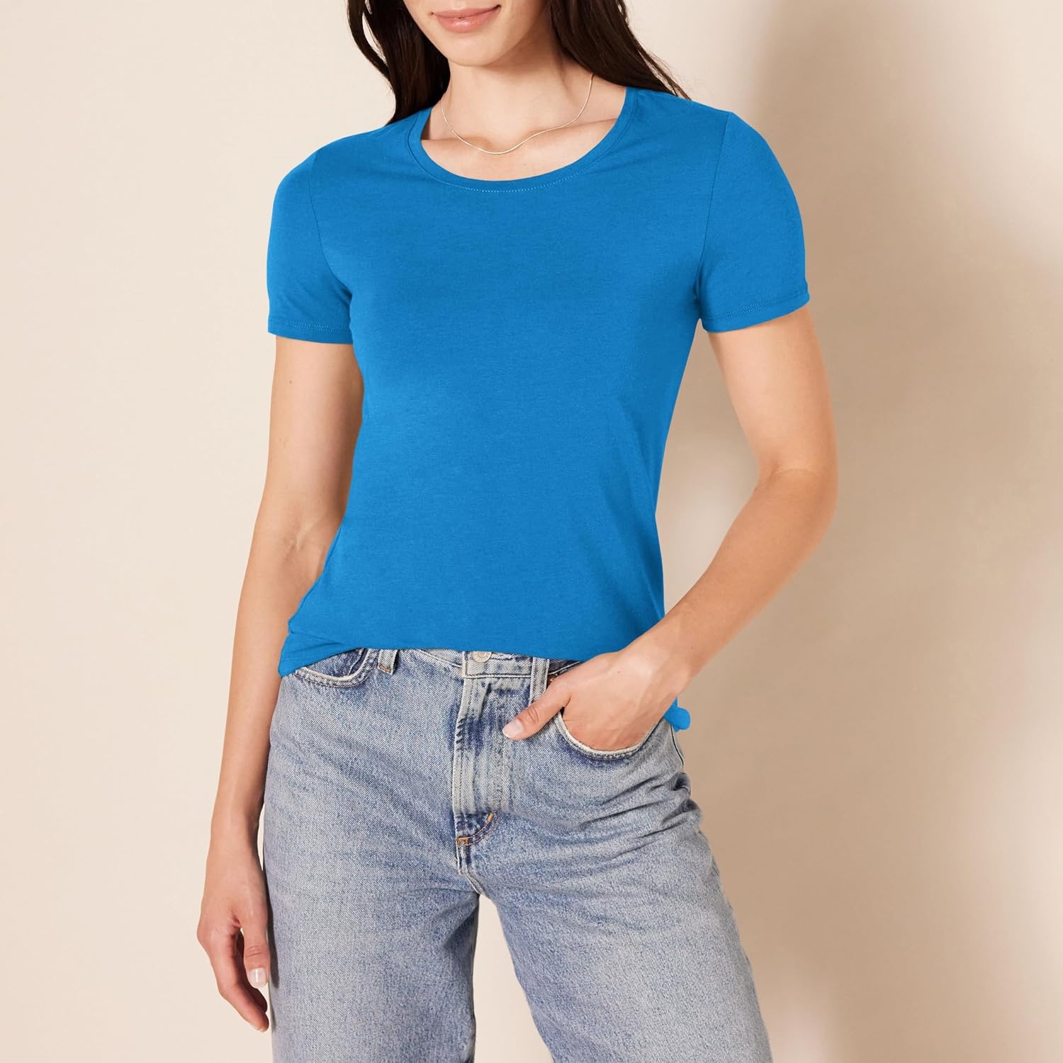 image:imageAmazon Essentials Womens RegularFit ShortSleeve Crewneck TShirt Cotton Modal Blend Pack of 22pack BlueCoral Orange