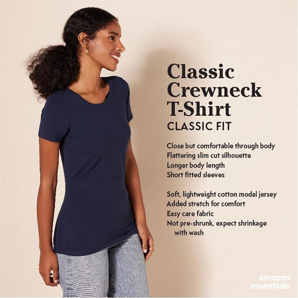 image:imageAmazon Essentials Womens RegularFit ShortSleeve Crewneck TShirt Cotton Modal Blend Pack of 22pack BlueCoral Orange