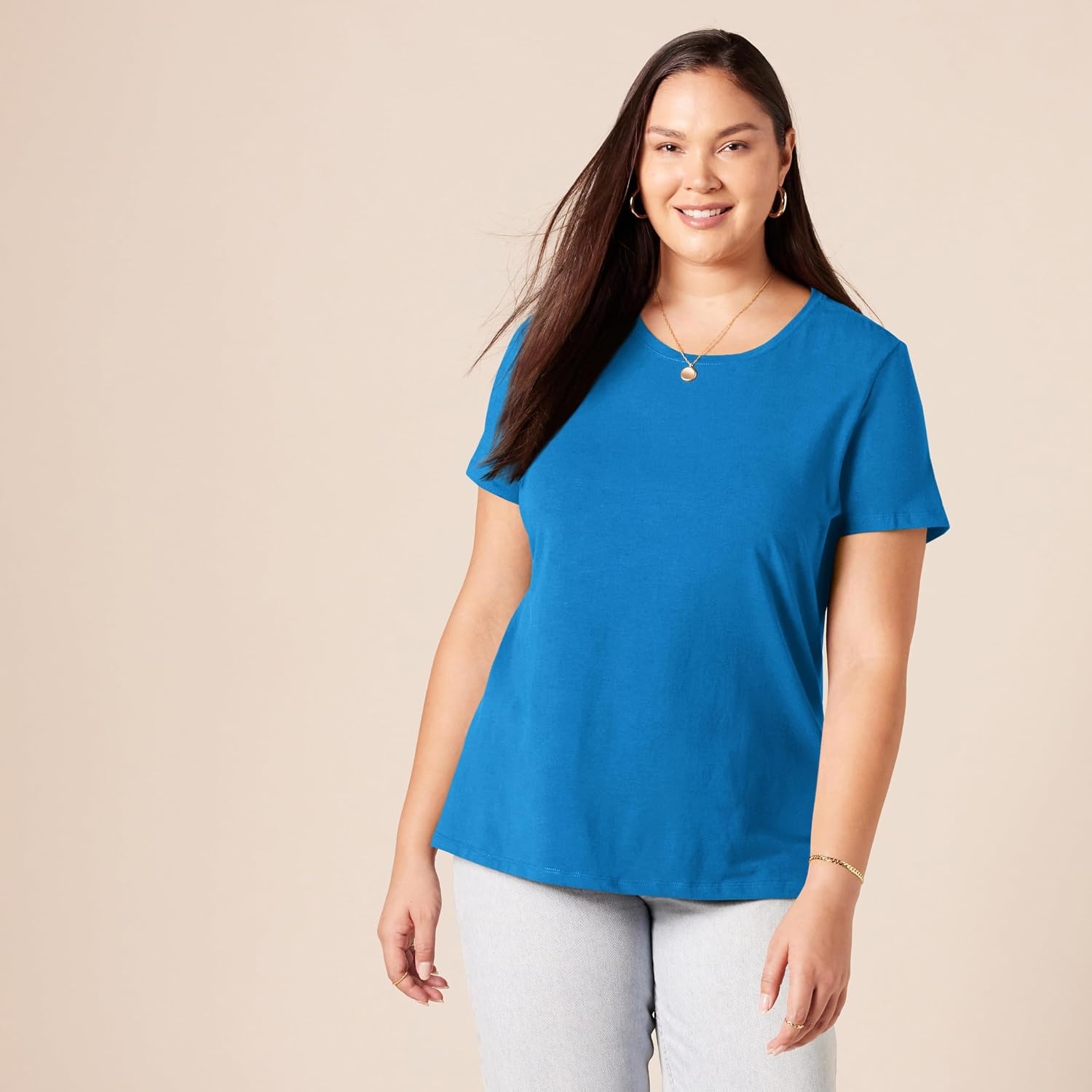 image:imageAmazon Essentials Womens RegularFit ShortSleeve Crewneck TShirt Cotton Modal Blend Pack of 22pack BlueCoral Orange