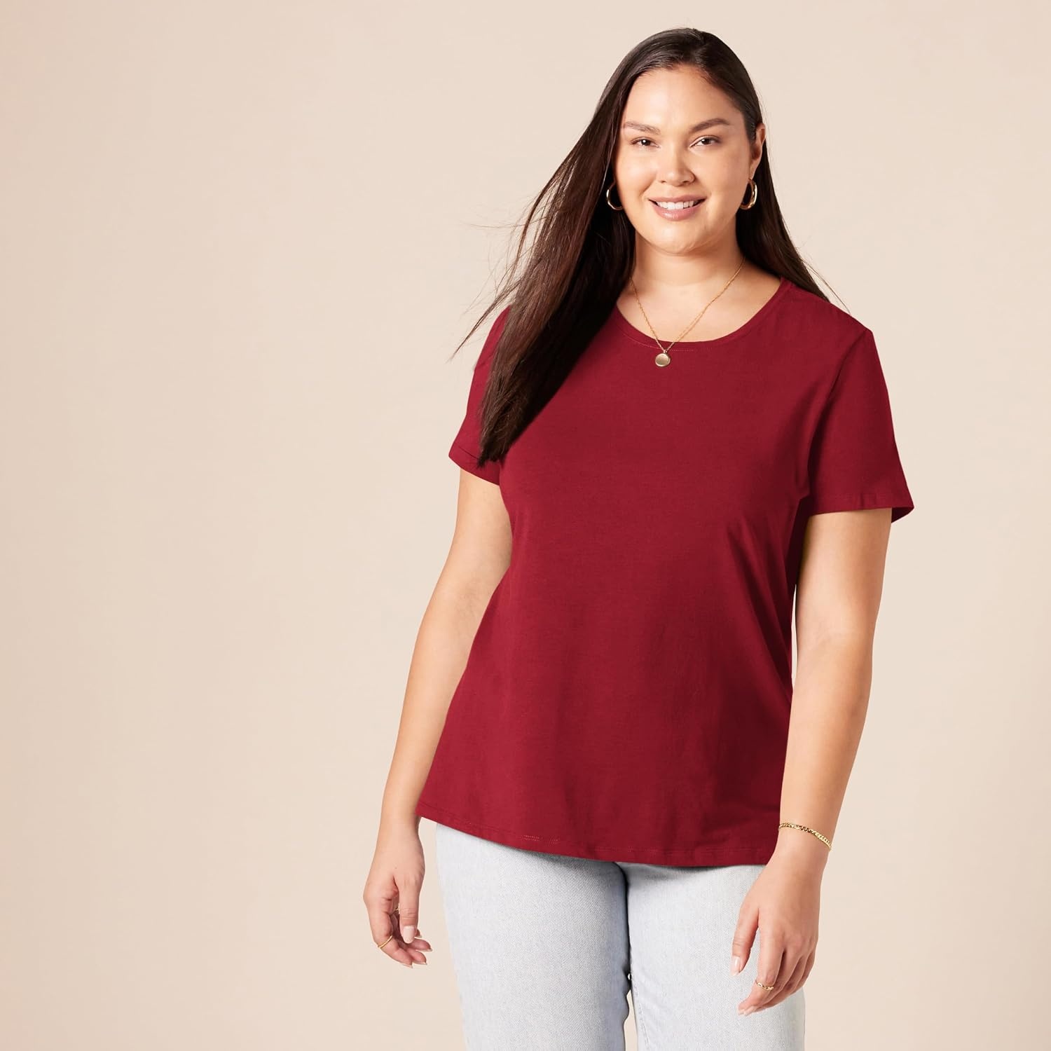 image:imageAmazon Essentials Womens RegularFit ShortSleeve Crewneck TShirt Cotton Modal Blend Pack of 22pack BurgundyPink