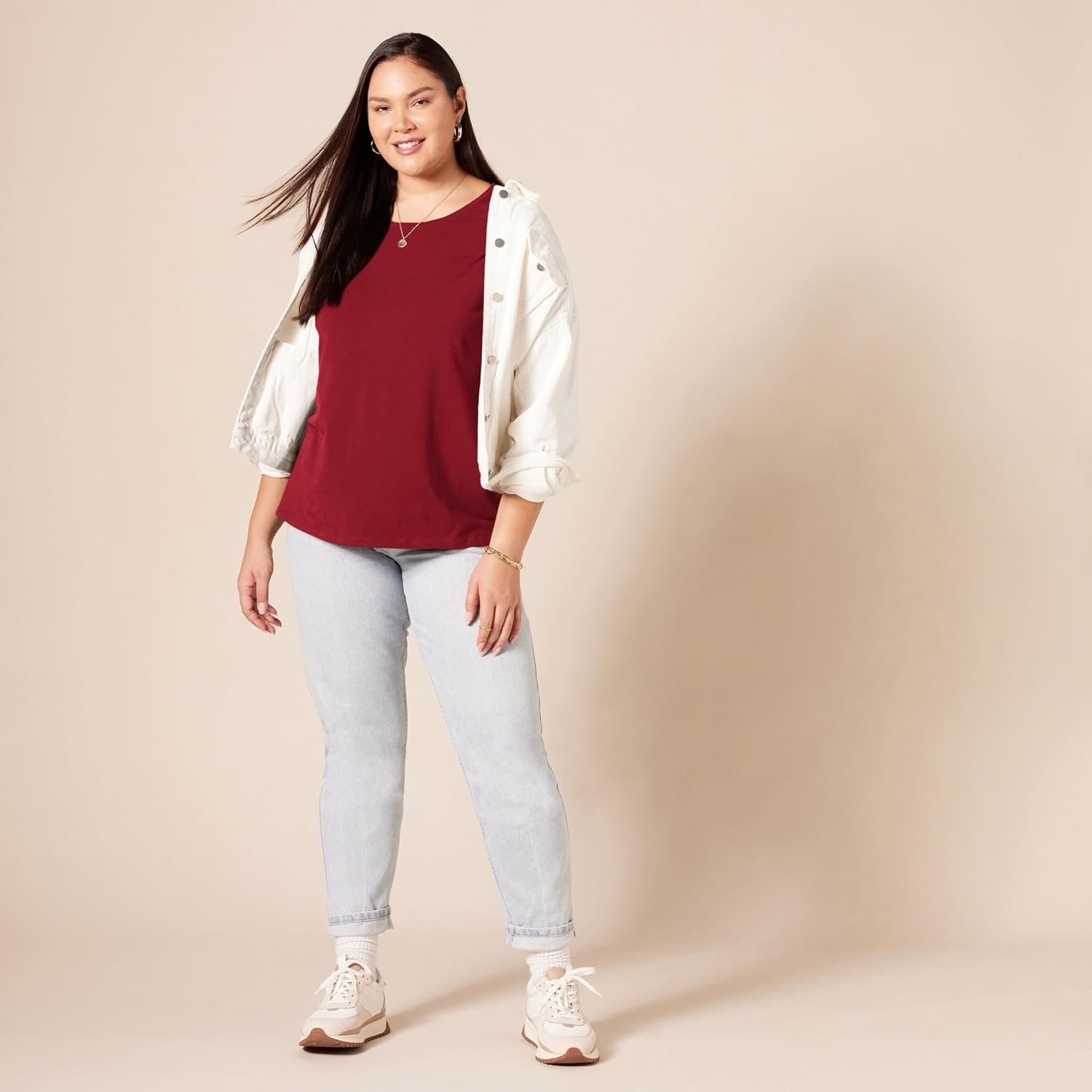 image:imageAmazon Essentials Womens RegularFit ShortSleeve Crewneck TShirt Cotton Modal Blend Pack of 22pack BurgundyPink