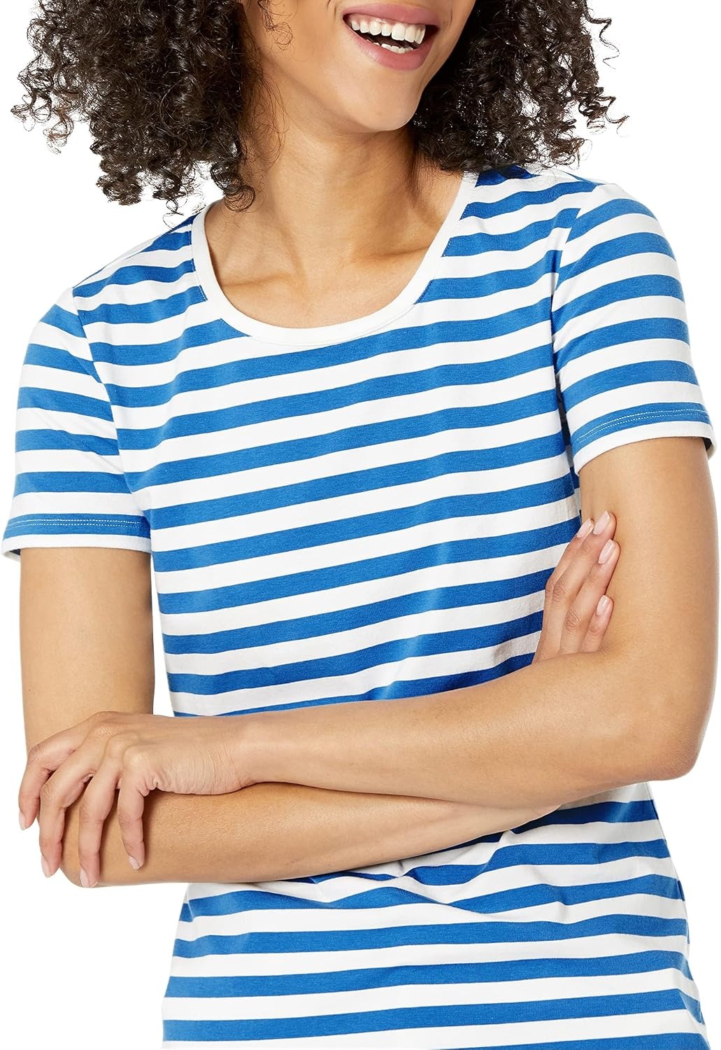 image:imageAmazon Essentials Womens RegularFit ShortSleeve Crewneck TShirt Cotton Modal Blend Pack of 22pack CamelBlack Ikat AnimalBlueWhite Stripe