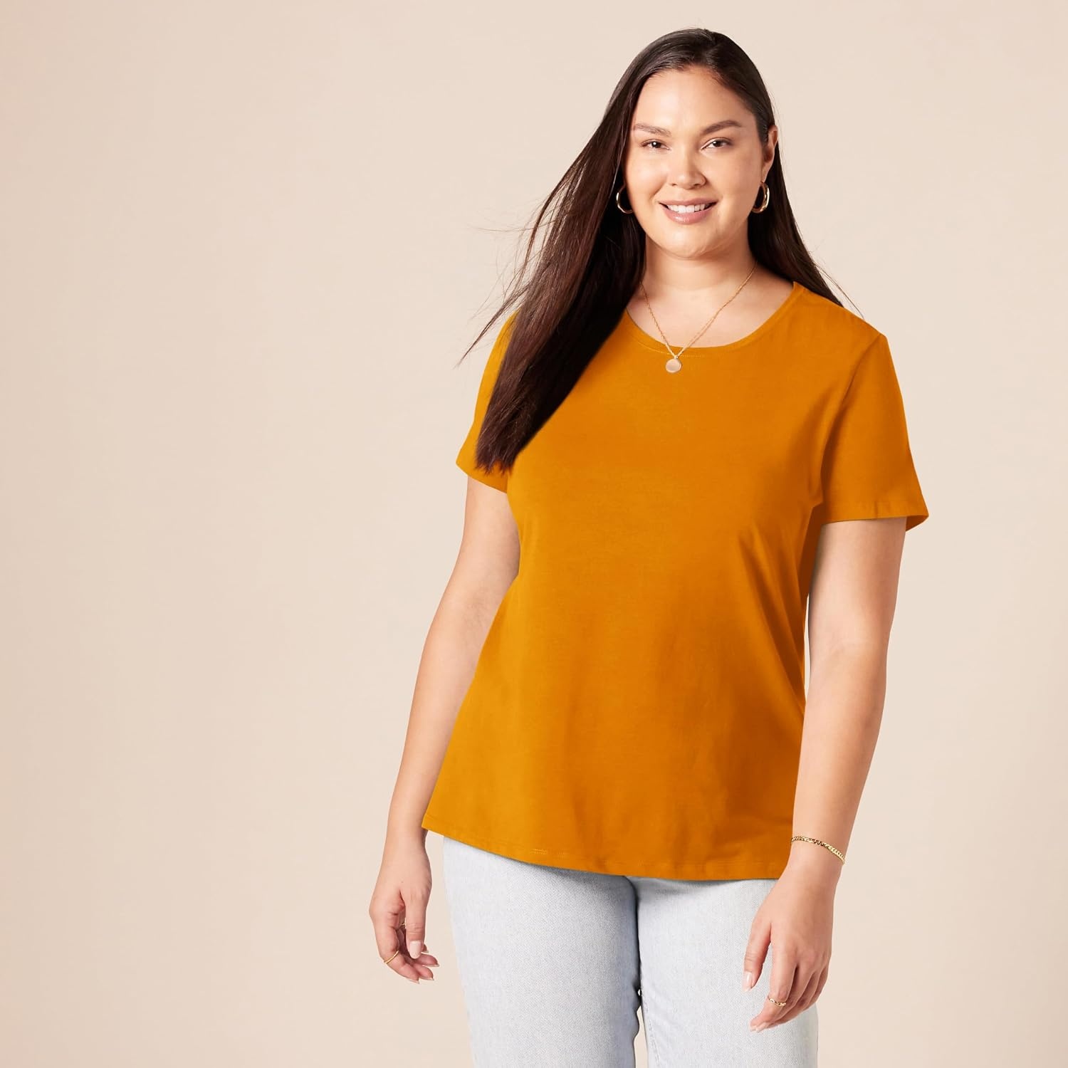 image:imageAmazon Essentials Womens RegularFit ShortSleeve Crewneck TShirt Cotton Modal Blend Pack of 22pack Coral OrangeGolden Yellow