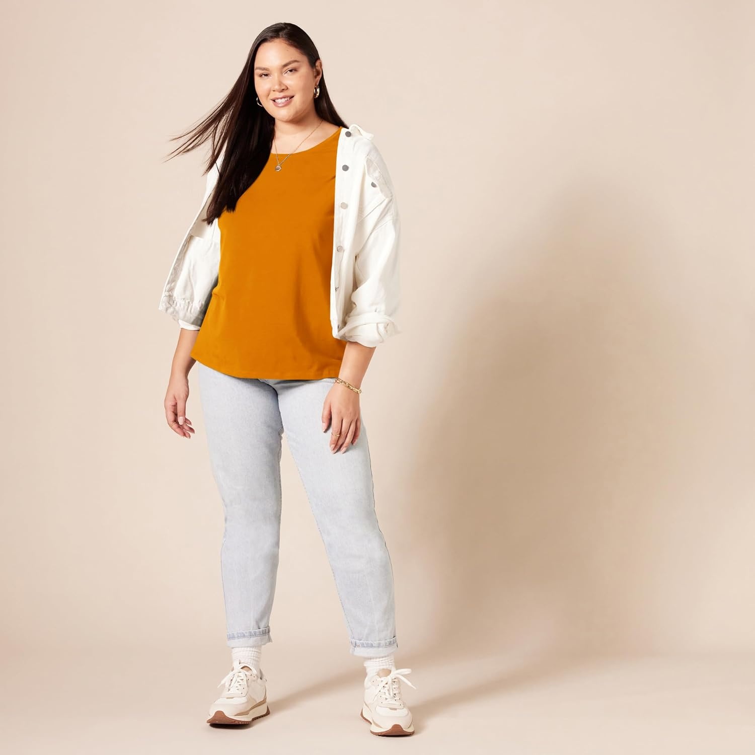 image:imageAmazon Essentials Womens RegularFit ShortSleeve Crewneck TShirt Cotton Modal Blend Pack of 22pack Coral OrangeGolden Yellow
