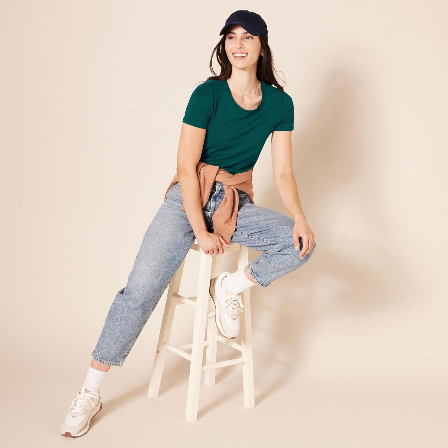 image:imageAmazon Essentials Womens RegularFit ShortSleeve Crewneck TShirt Cotton Modal Blend Pack of 22pack Dark GreenPowder Blue