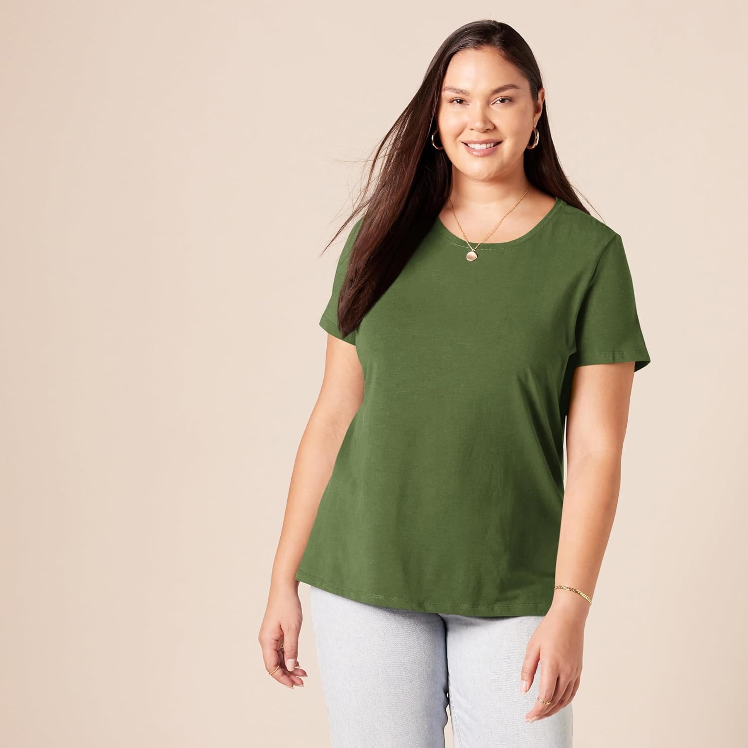 image:imageAmazon Essentials Womens RegularFit ShortSleeve Crewneck TShirt Cotton Modal Blend Pack of 22pack Military GreenMint
