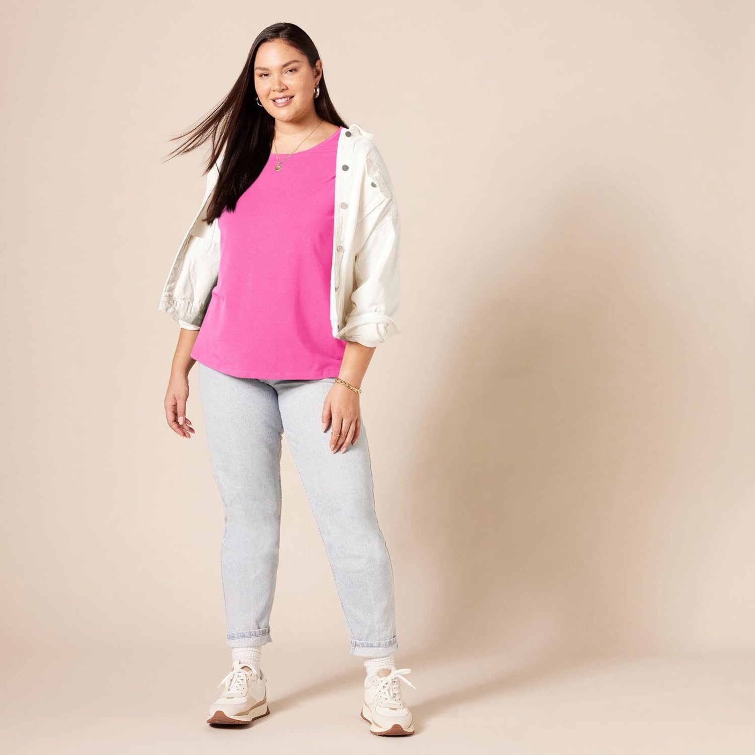 image:imageAmazon Essentials Womens RegularFit ShortSleeve Crewneck TShirt Cotton Modal Blend Pack of 22pack Whitetwo HeartsPink