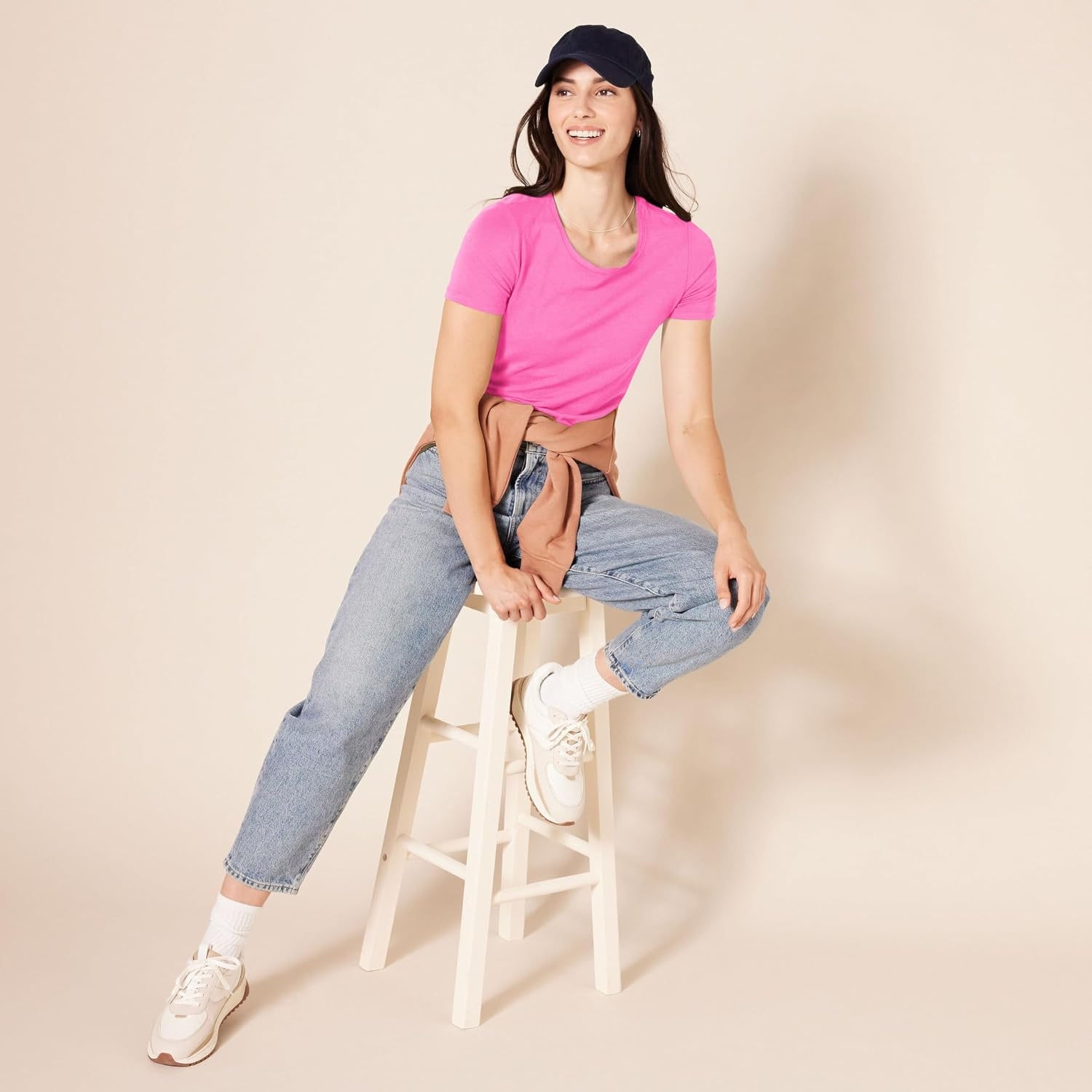 image:imageAmazon Essentials Womens RegularFit ShortSleeve Crewneck TShirt Cotton Modal Blend Pack of 22pack Whitetwo HeartsPink