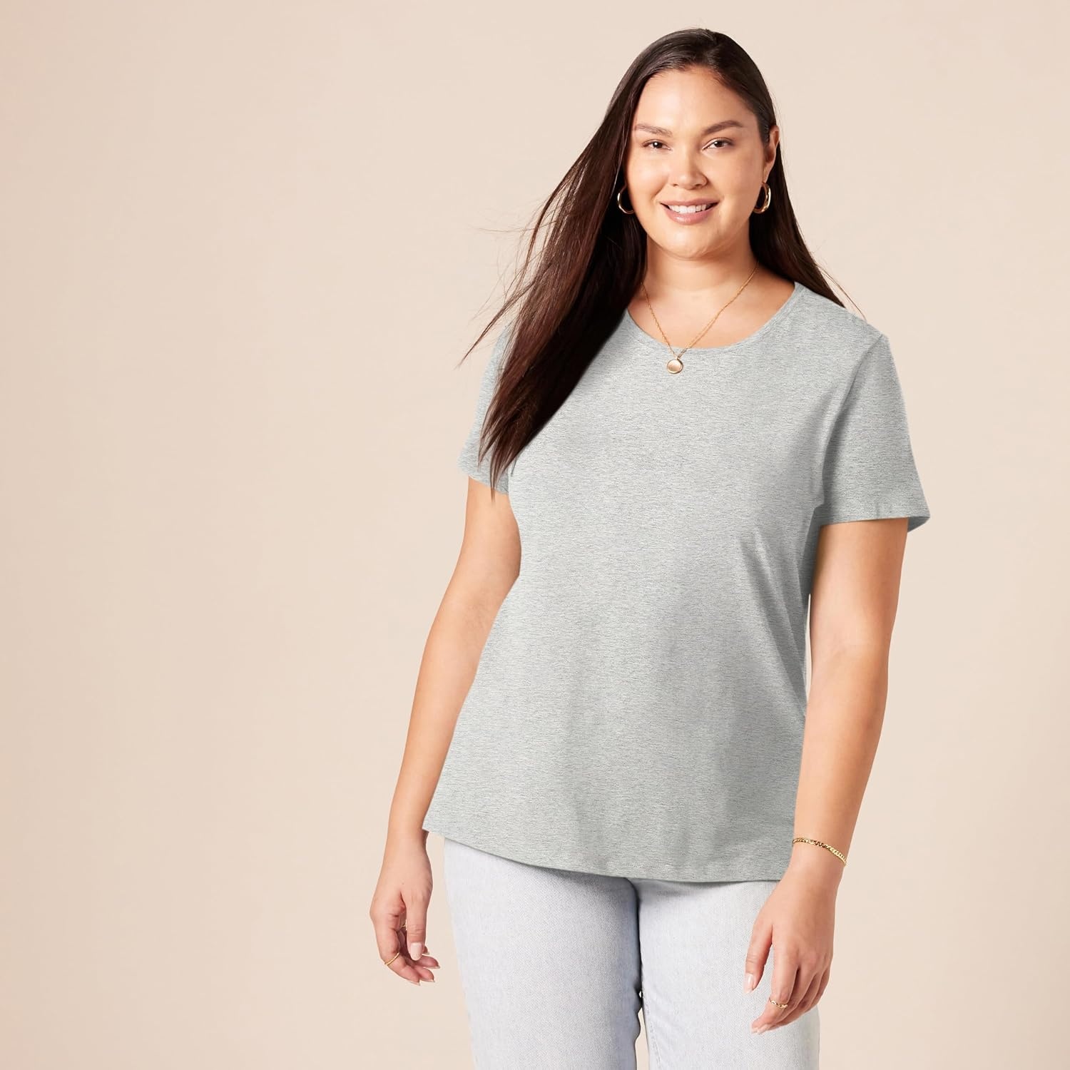 image:imageAmazon Essentials Womens RegularFit ShortSleeve Crewneck TShirt Cotton Modal Blend Pack of 2Charcoal HeatherLight Grey Heather