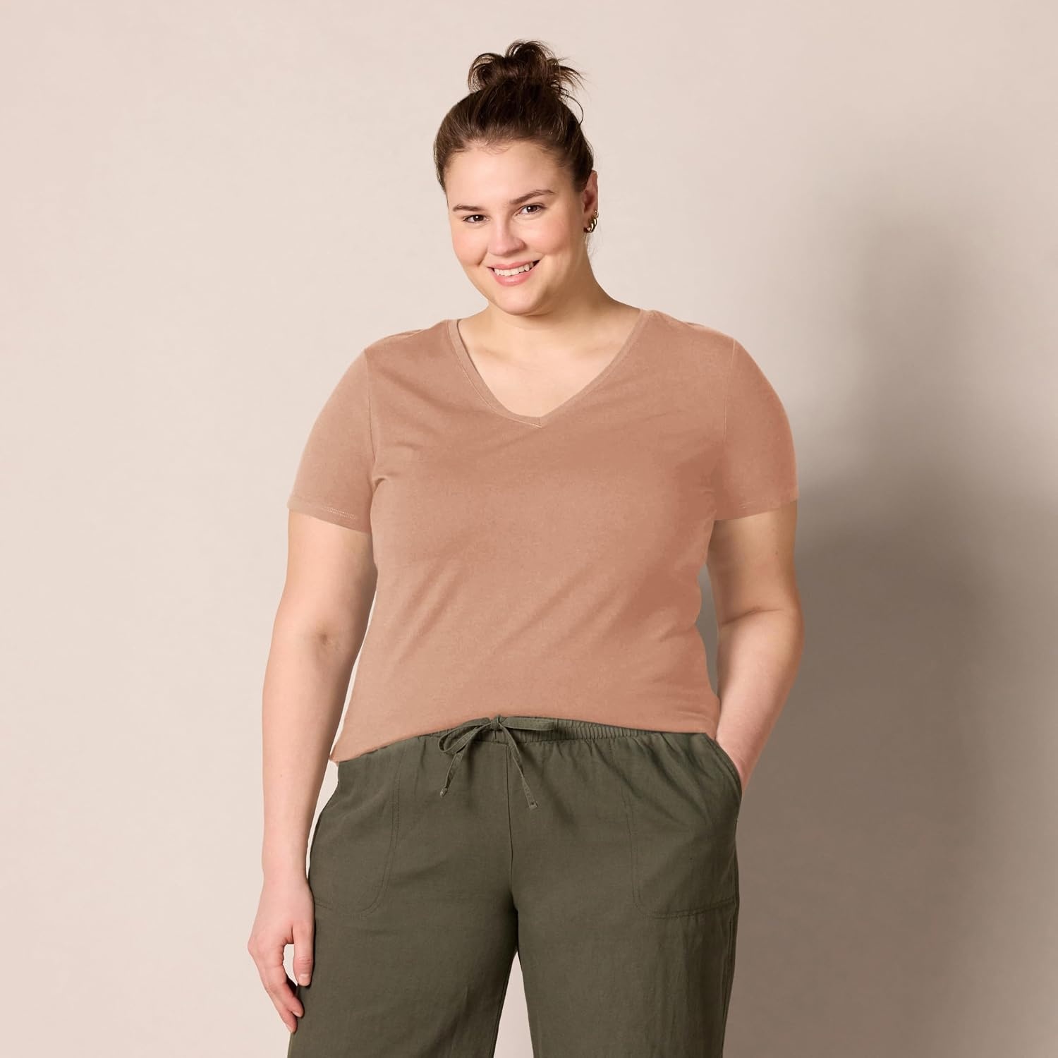 image:imageAmazon Essentials Womens RegularFit ShortSleeve Crewneck TShirt Cotton Modal Blend Pack of 2Light BrownWhite