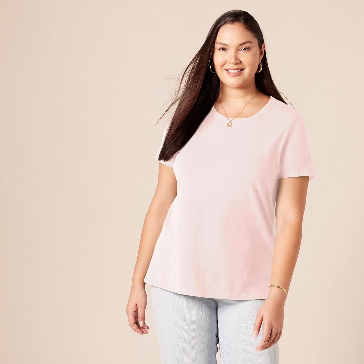 image:imageAmazon Essentials Womens RegularFit ShortSleeve Crewneck TShirt Cotton Modal Blend Pack of 2Light PinkLight Grey Heather