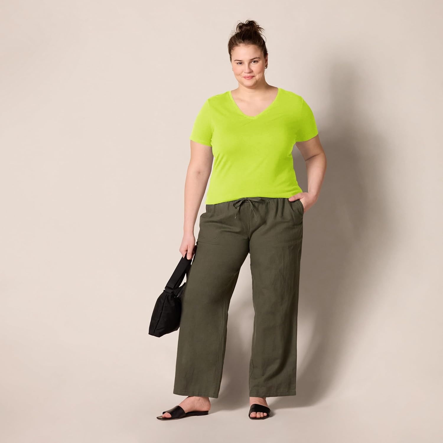 image:imageAmazon Essentials Womens RegularFit ShortSleeve Crewneck TShirt Cotton Modal Blend Pack of 2Lime GreenWhite