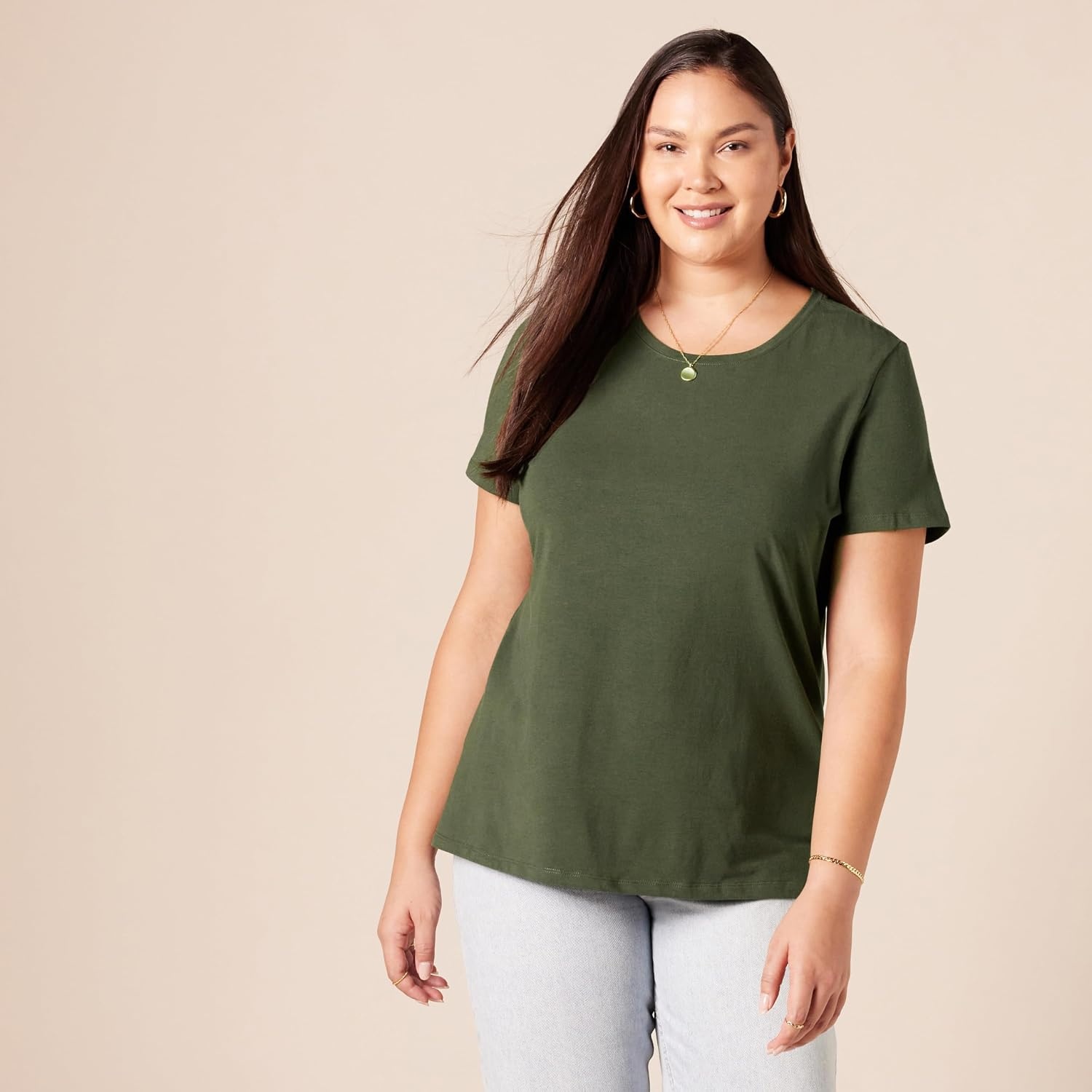 image:imageAmazon Essentials Womens RegularFit ShortSleeve Crewneck TShirt Cotton Modal Blend Pack of 2OliveBlack