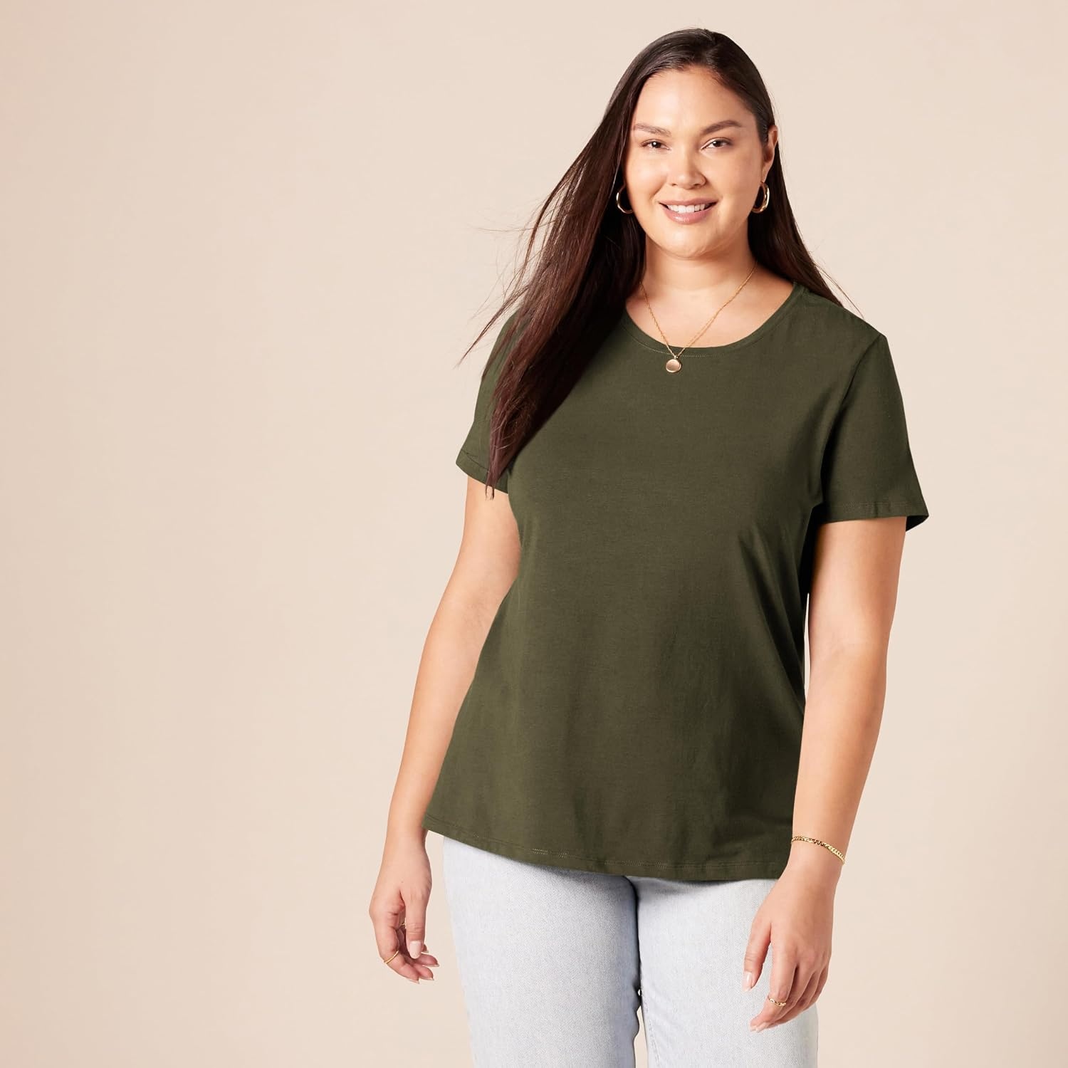 image:imageAmazon Essentials Womens RegularFit ShortSleeve Crewneck TShirt Cotton Modal Blend Pack of 2OliveOatmeal Heather