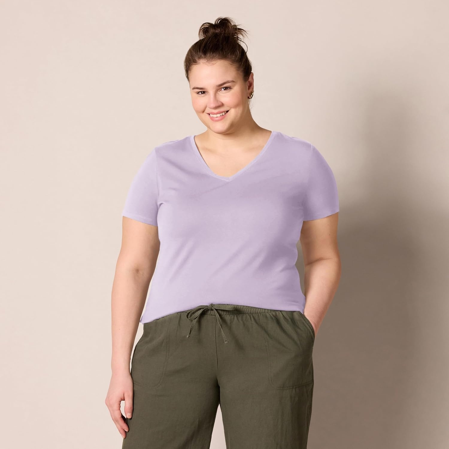 image:imageAmazon Essentials Womens RegularFit ShortSleeve Crewneck TShirt Cotton Modal Blend Pack of 2Pastel LilacWhite