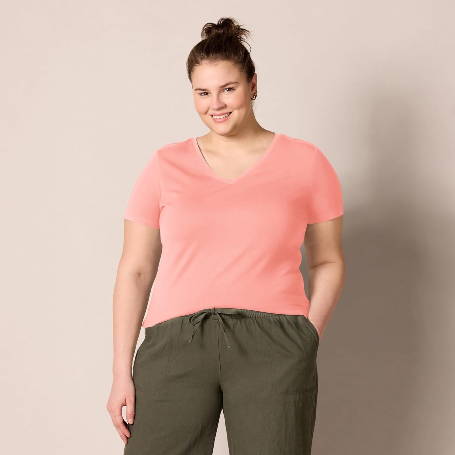 image:imageAmazon Essentials Womens RegularFit ShortSleeve Crewneck TShirt Cotton Modal Blend Pack of 2PeachWhite